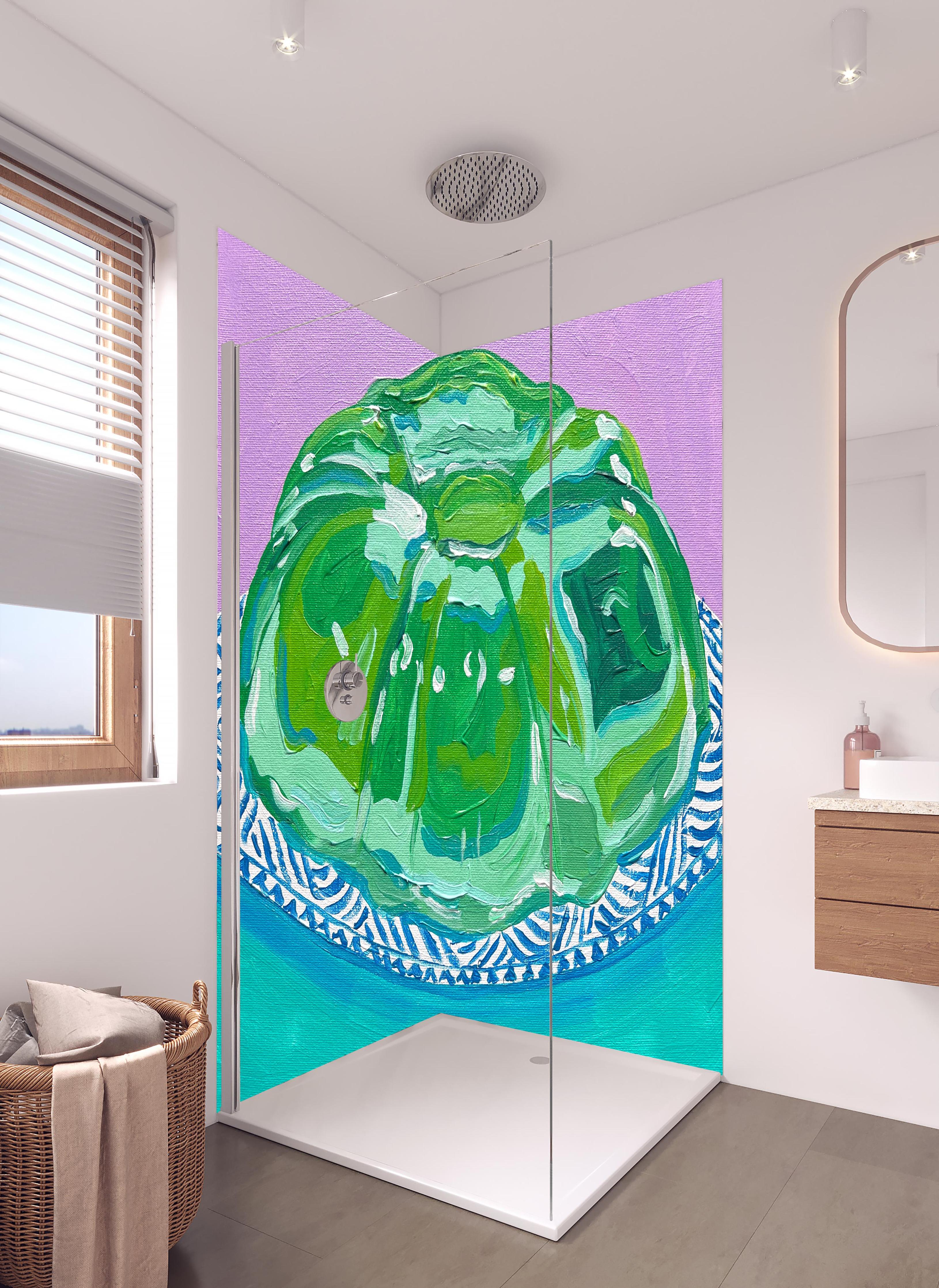 Duschrückwand - Wackelpudding - Acryl Gemälde in hellem Badezimmer mit Regenduschkopf - zweiteilige Eck-Duschrückwand