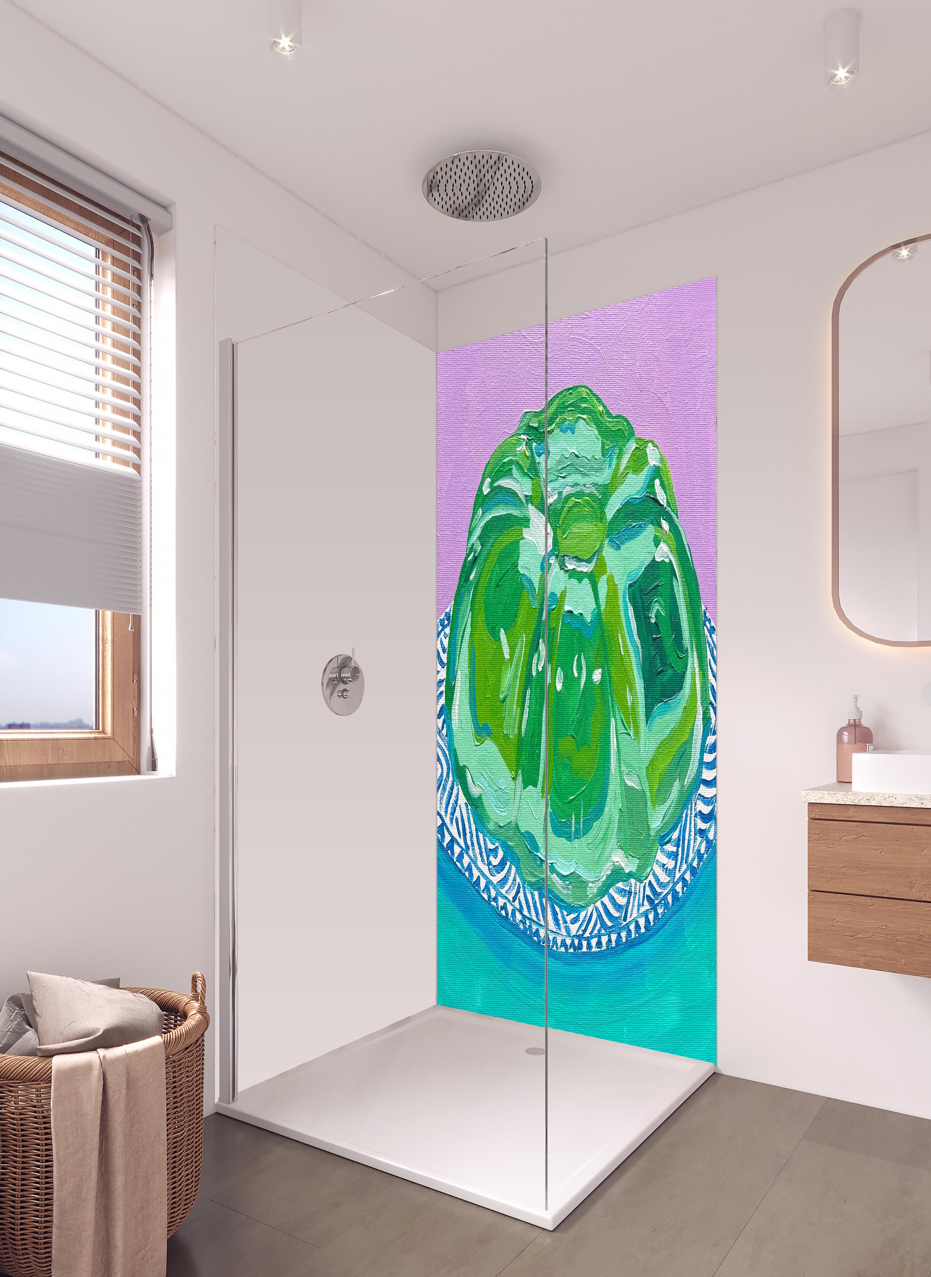 Duschrückwand - Wackelpudding - Acryl Gemälde in hellem Badezimmer mit Regenduschkopf - zweiteilige Eck-Duschrückwand