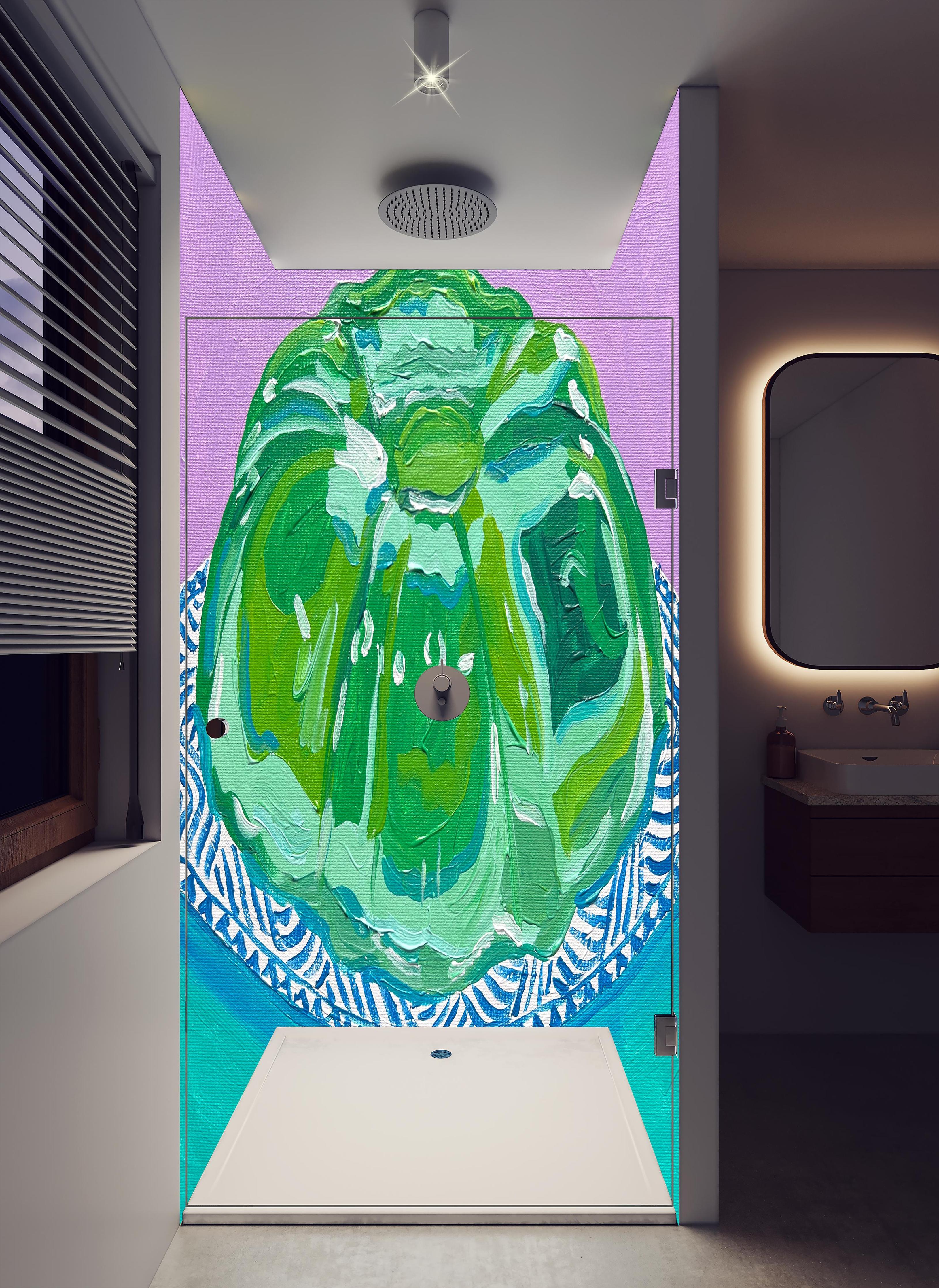 Duschrückwand - Wackelpudding - Acryl Gemälde in hellem Badezimmer mit Regenduschkopf - zweiteilige Eck-Duschrückwand