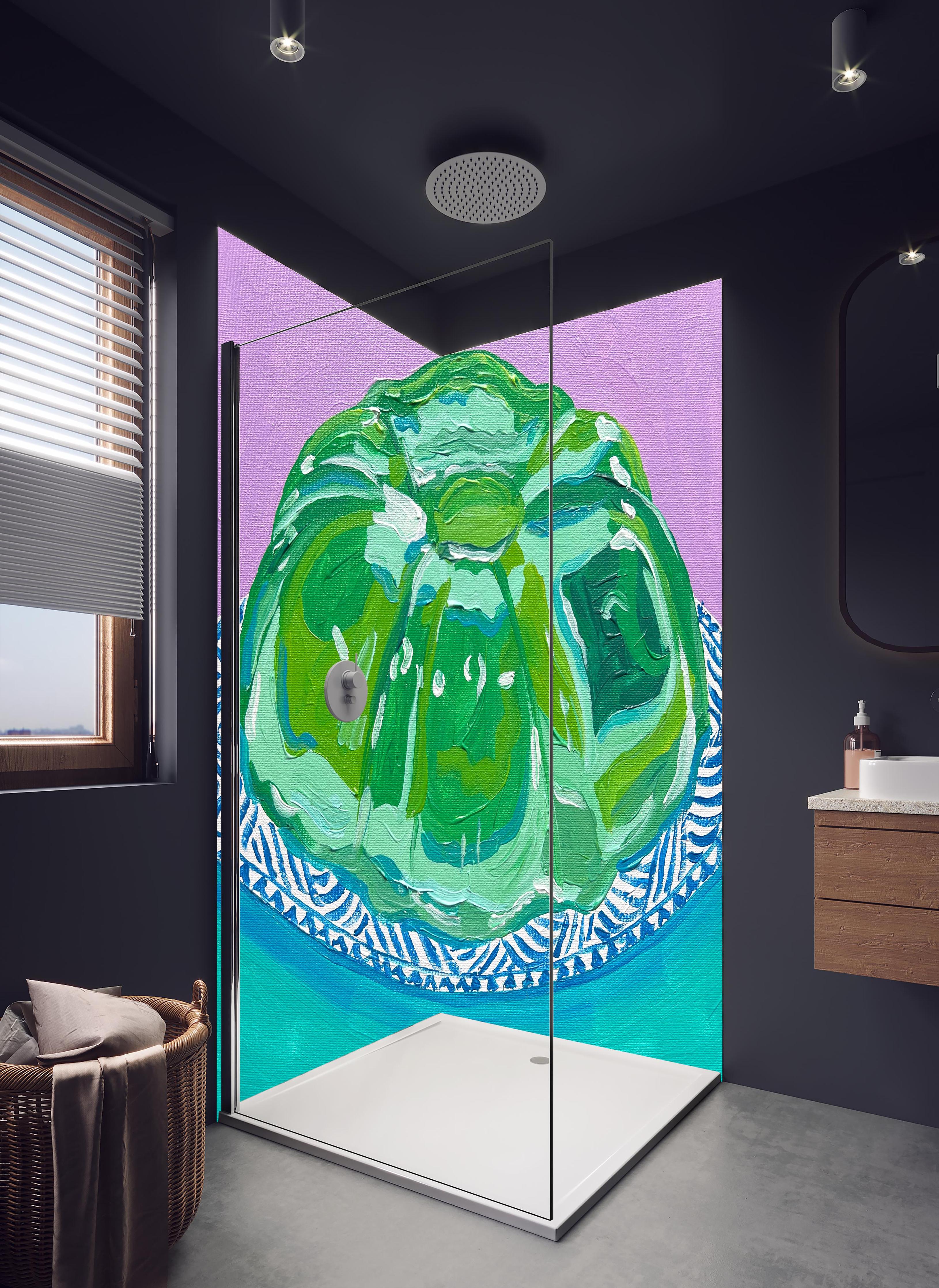 Duschrückwand - Wackelpudding - Acryl Gemälde in hellem Badezimmer mit Regenduschkopf - zweiteilige Eck-Duschrückwand