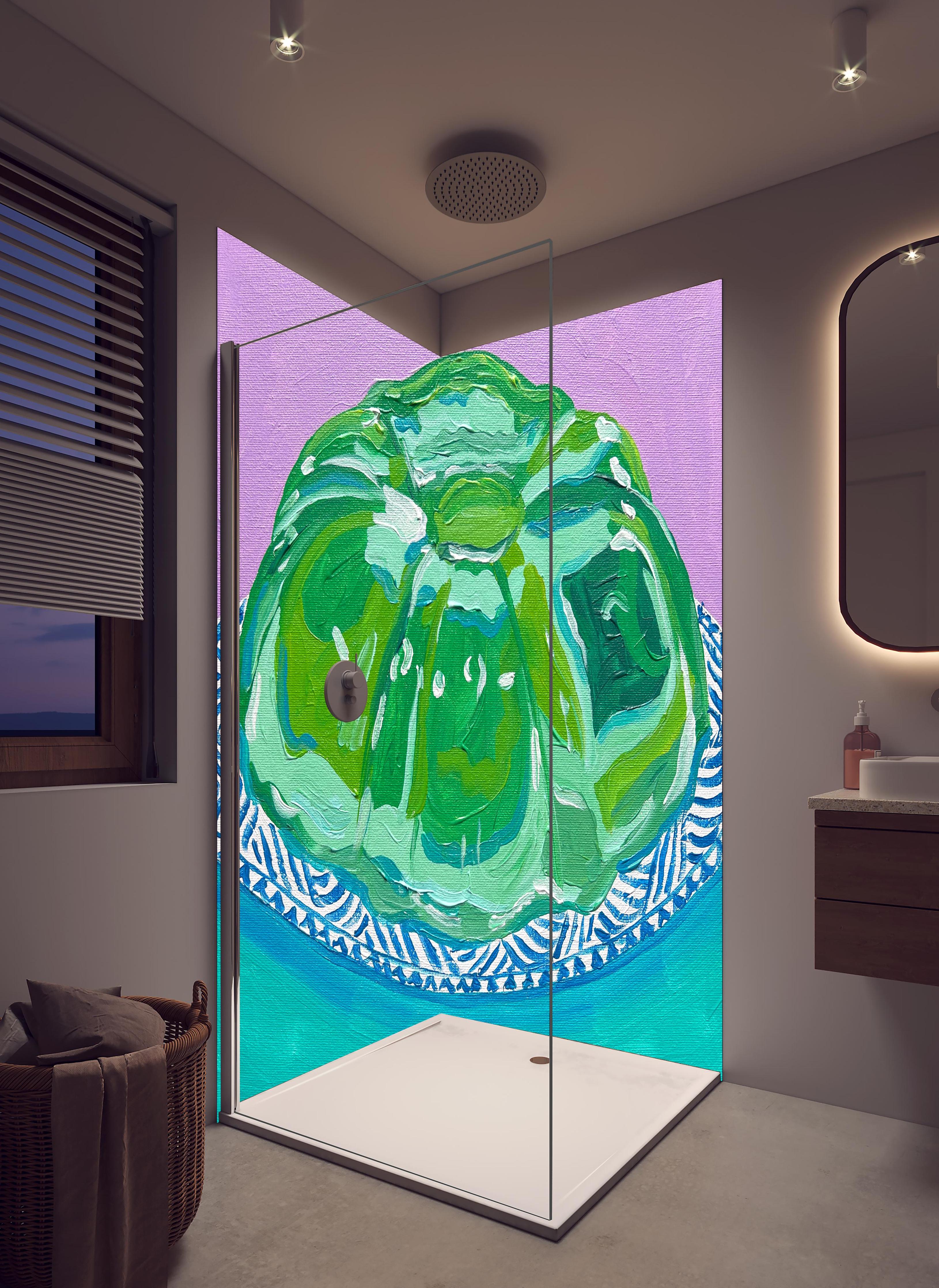 Duschrückwand - Wackelpudding - Acryl Gemälde in hellem Badezimmer mit Regenduschkopf - zweiteilige Eck-Duschrückwand