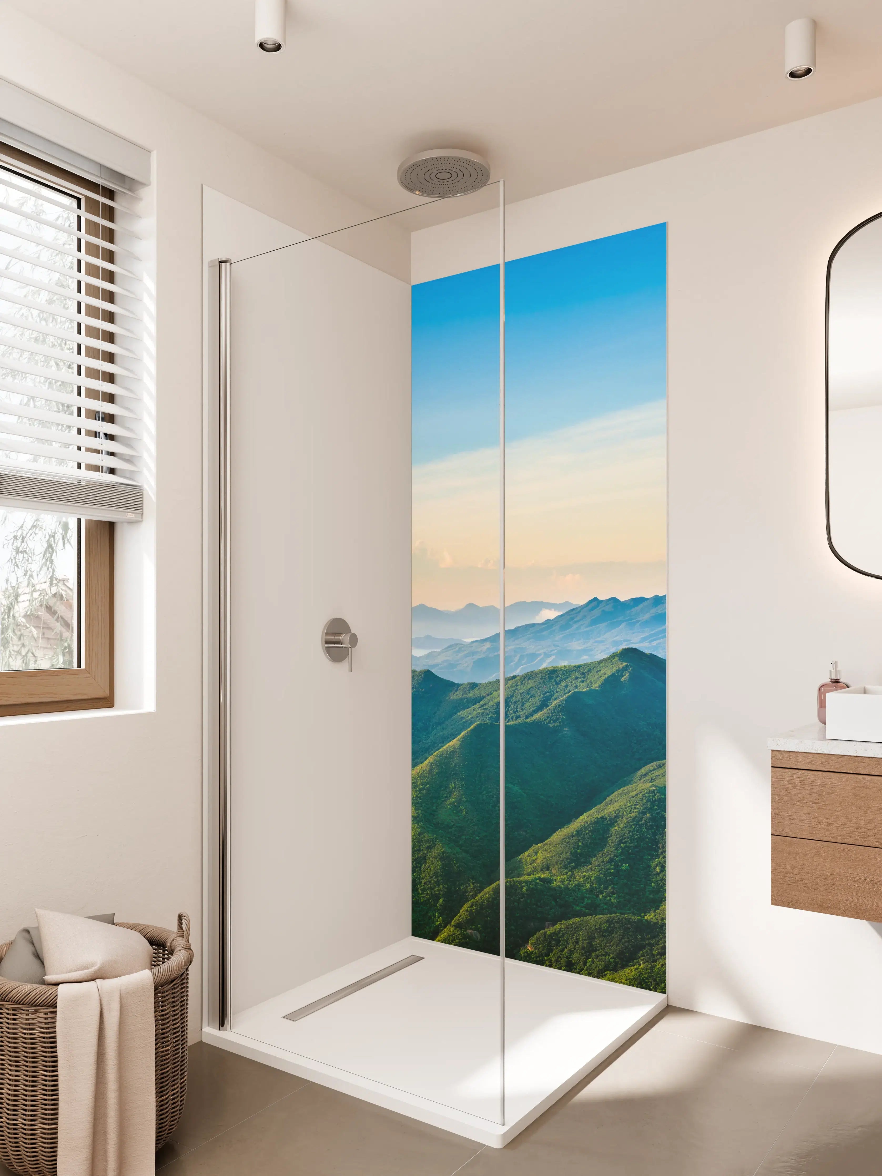 Duschrückwand - Wald- und Bergpanorama bei Sonnenaufgang