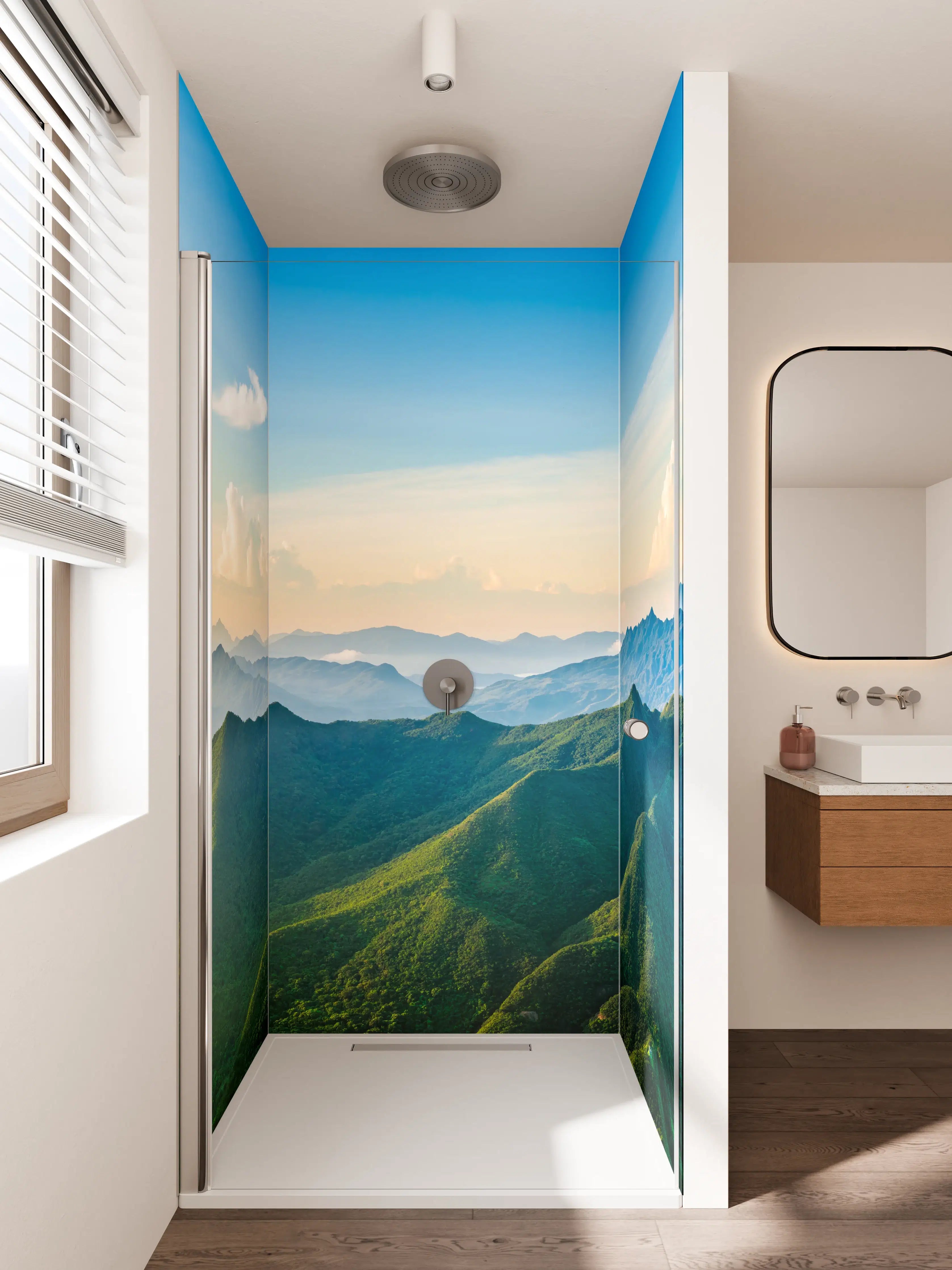 Duschrückwand - Wald- und Bergpanorama bei Sonnenaufgang