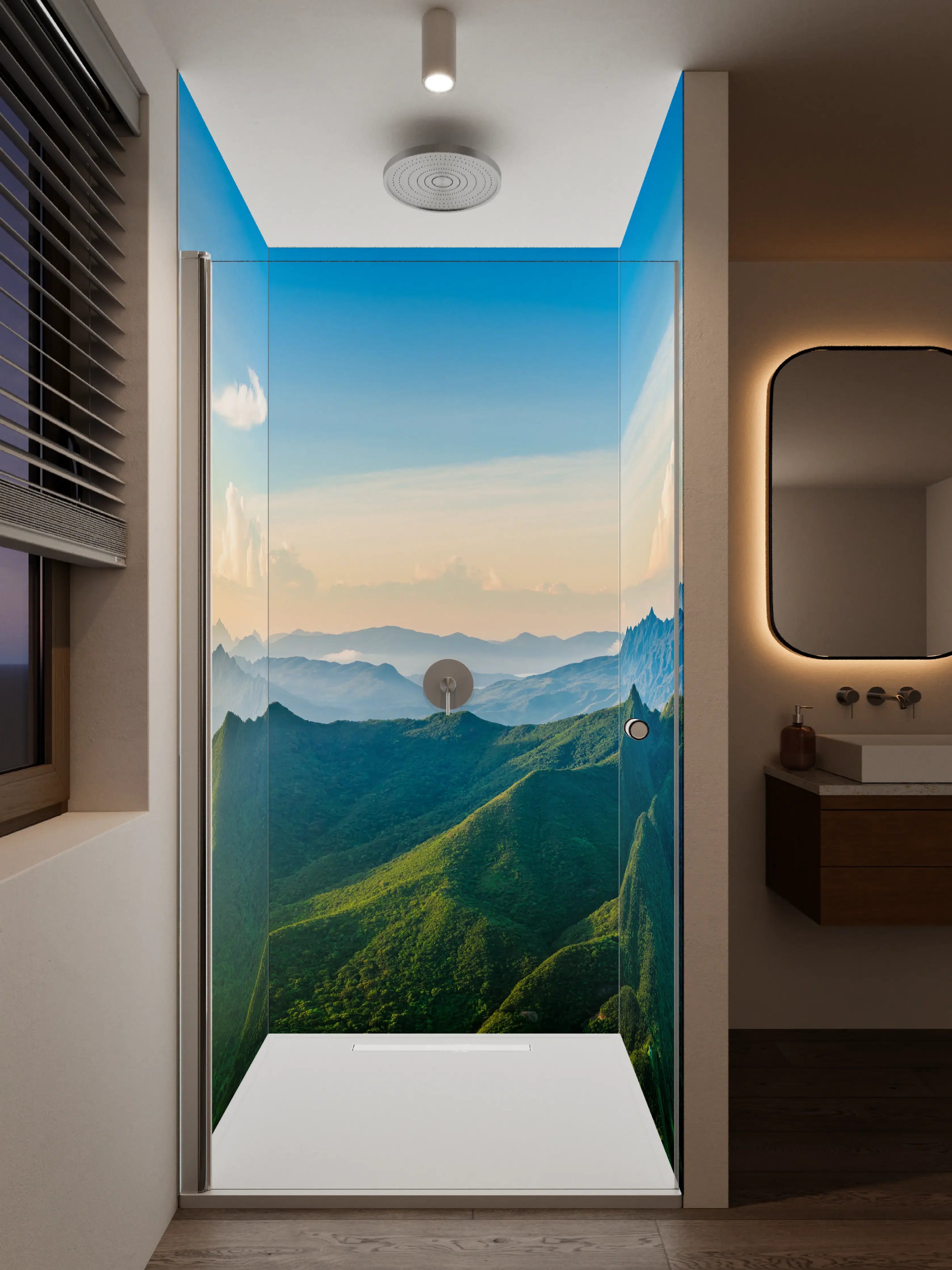Duschrückwand - Wald- und Bergpanorama bei Sonnenaufgang