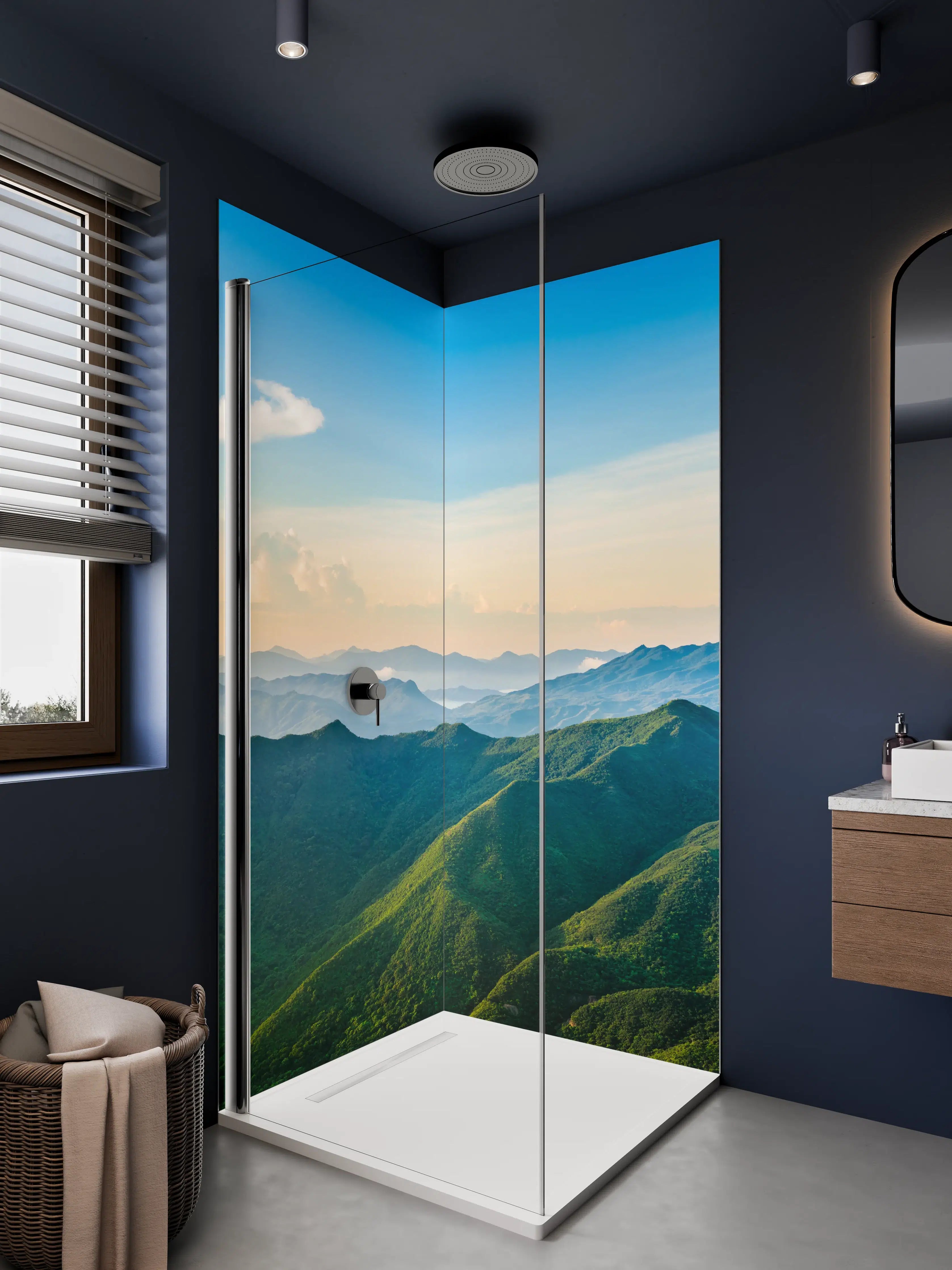 Duschrückwand - Wald- und Bergpanorama bei Sonnenaufgang