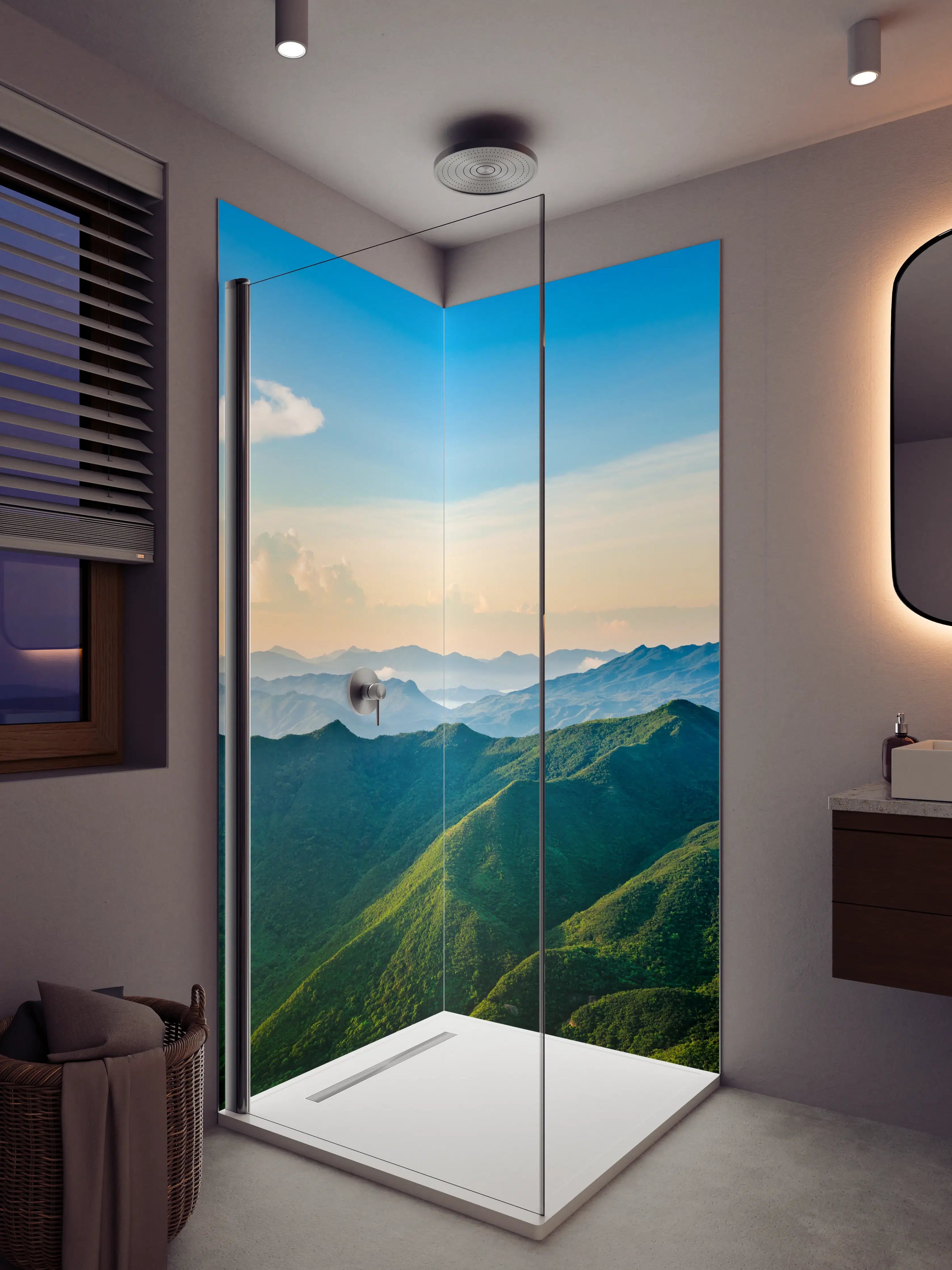 Duschrückwand - Wald- und Bergpanorama bei Sonnenaufgang