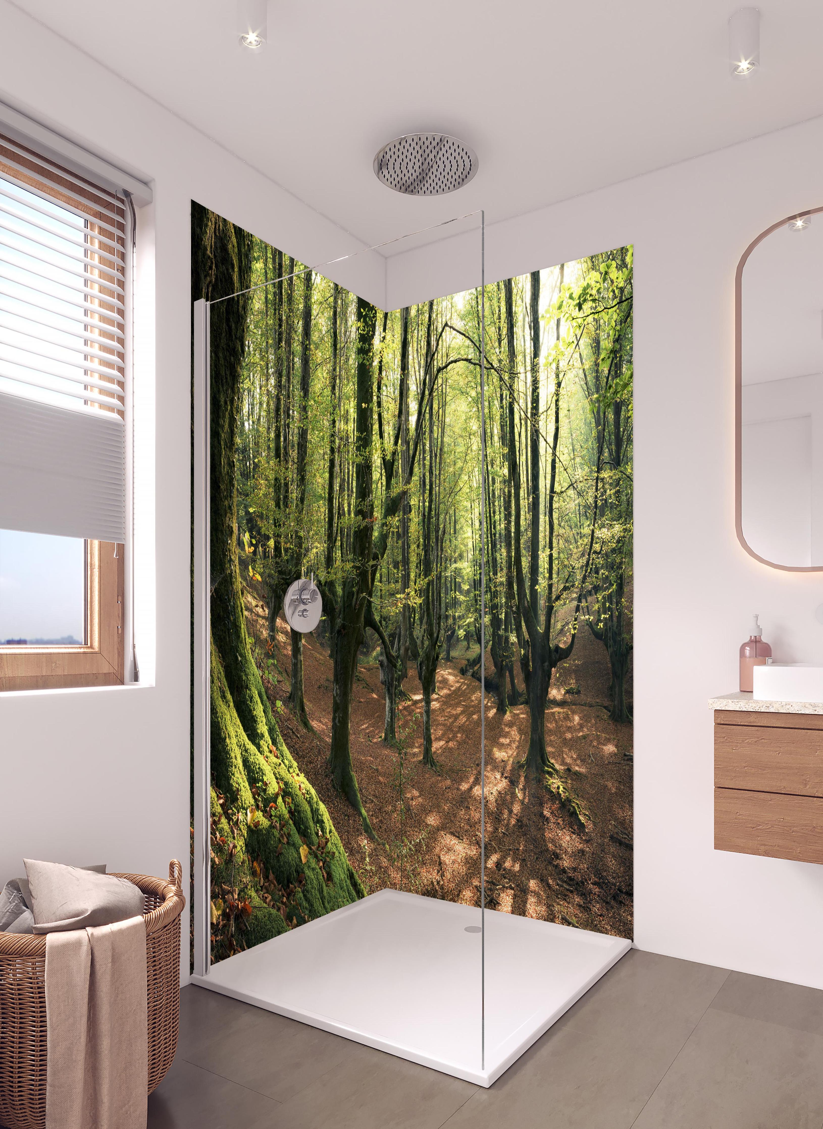Duschrückwand - Wald in Spanien in hellem Badezimmer mit Regenduschkopf - zweiteilige Eck-Duschrückwand