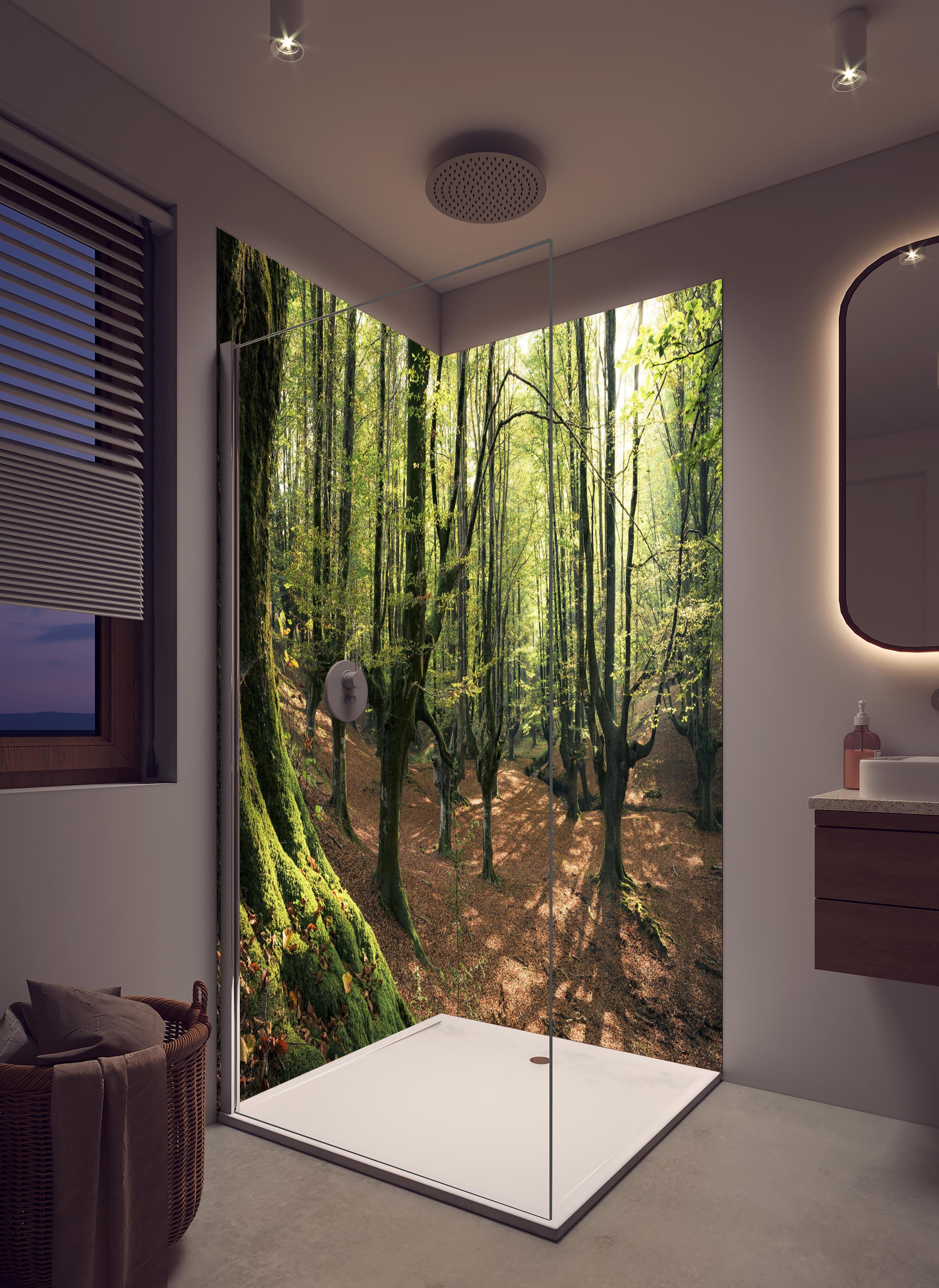 Duschrückwand - Wald in Spanien in hellem Badezimmer mit Regenduschkopf - zweiteilige Eck-Duschrückwand
