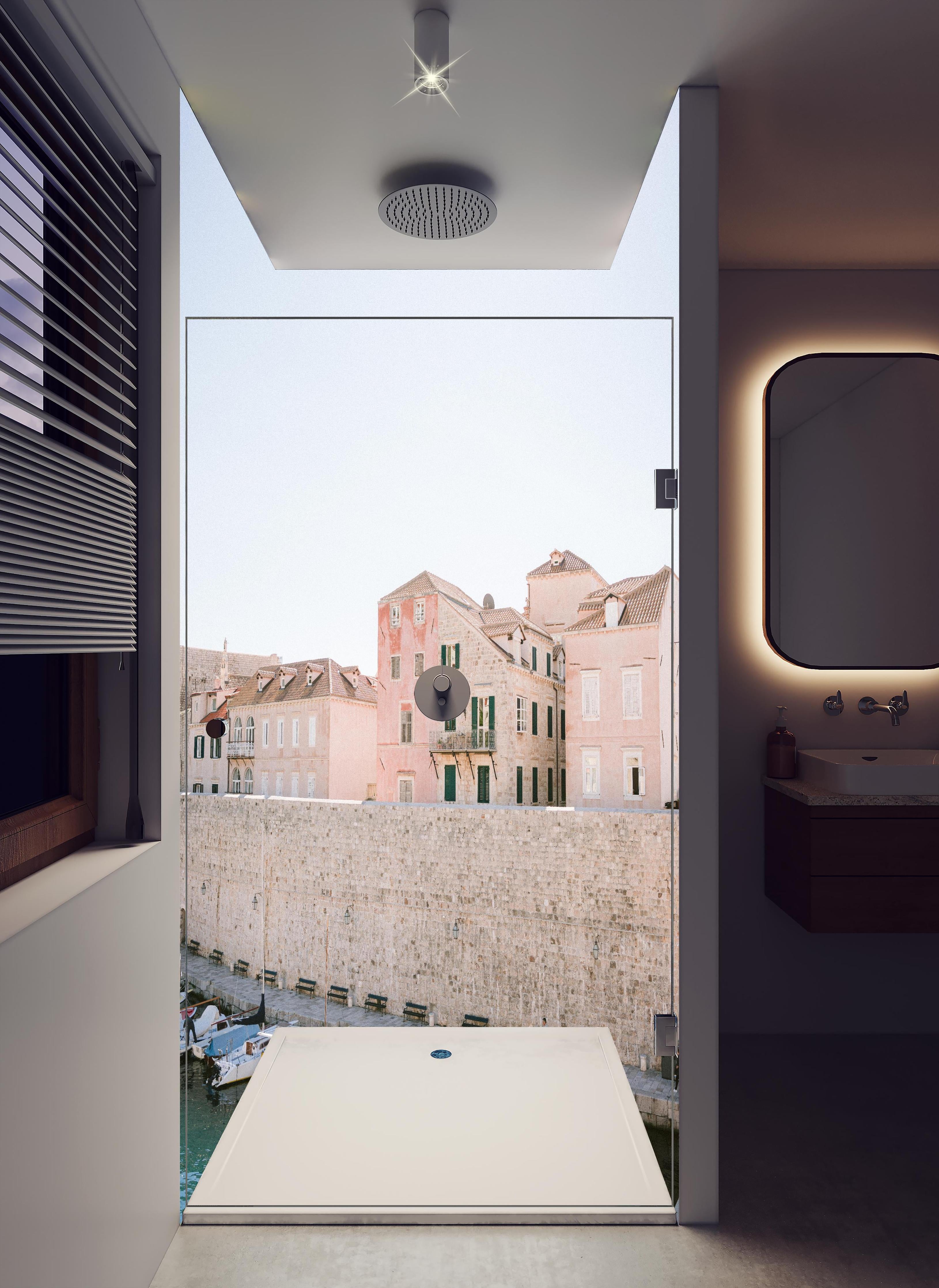 Duschrückwand - Walls of Dubrovnik || in hellem Badezimmer mit Regenduschkopf - zweiteilige Eck-Duschrückwand