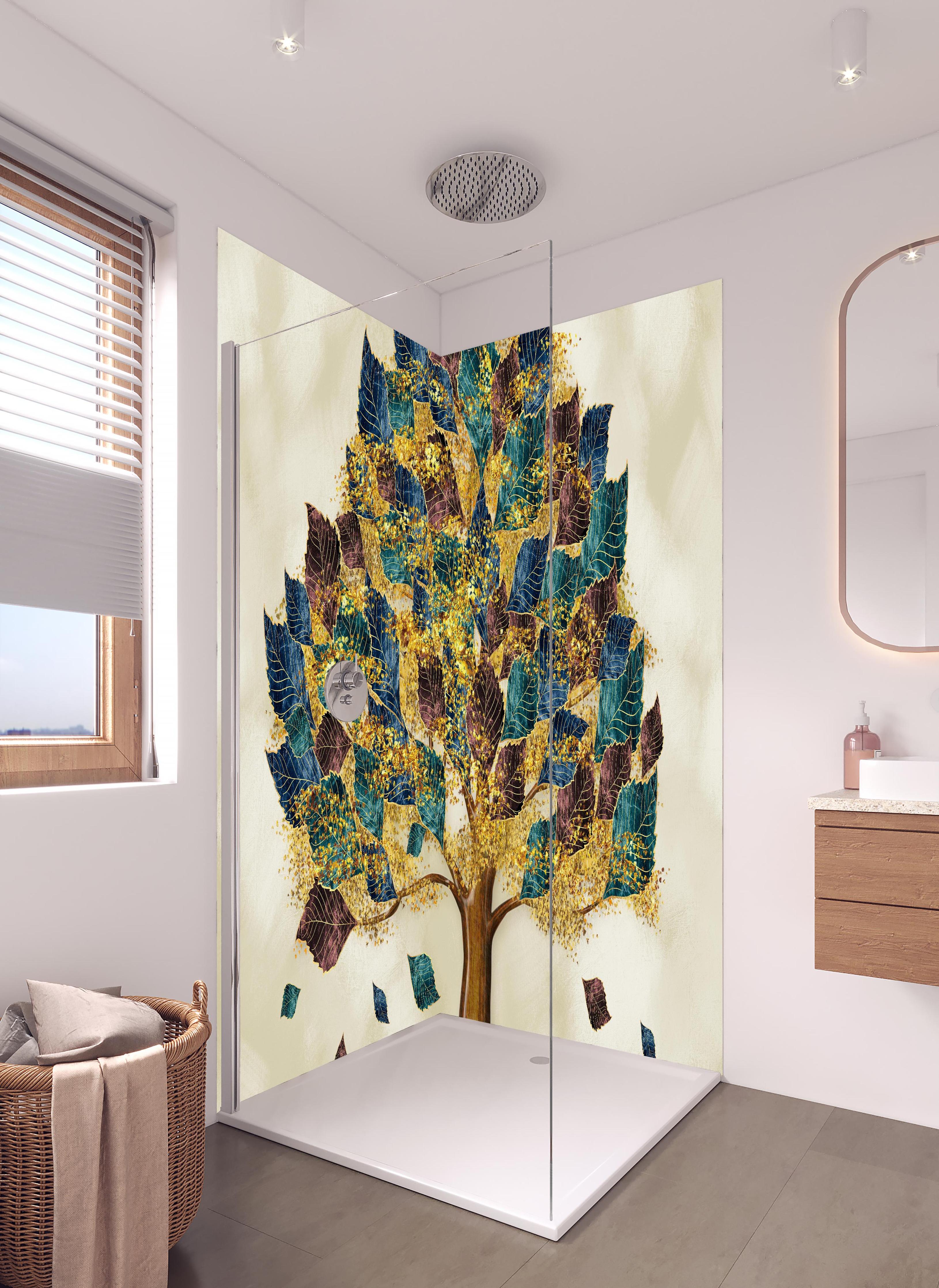 Duschrückwand - Wandmalerei - Bunter Baum in hellem Badezimmer mit Regenduschkopf - zweiteilige Eck-Duschrückwand