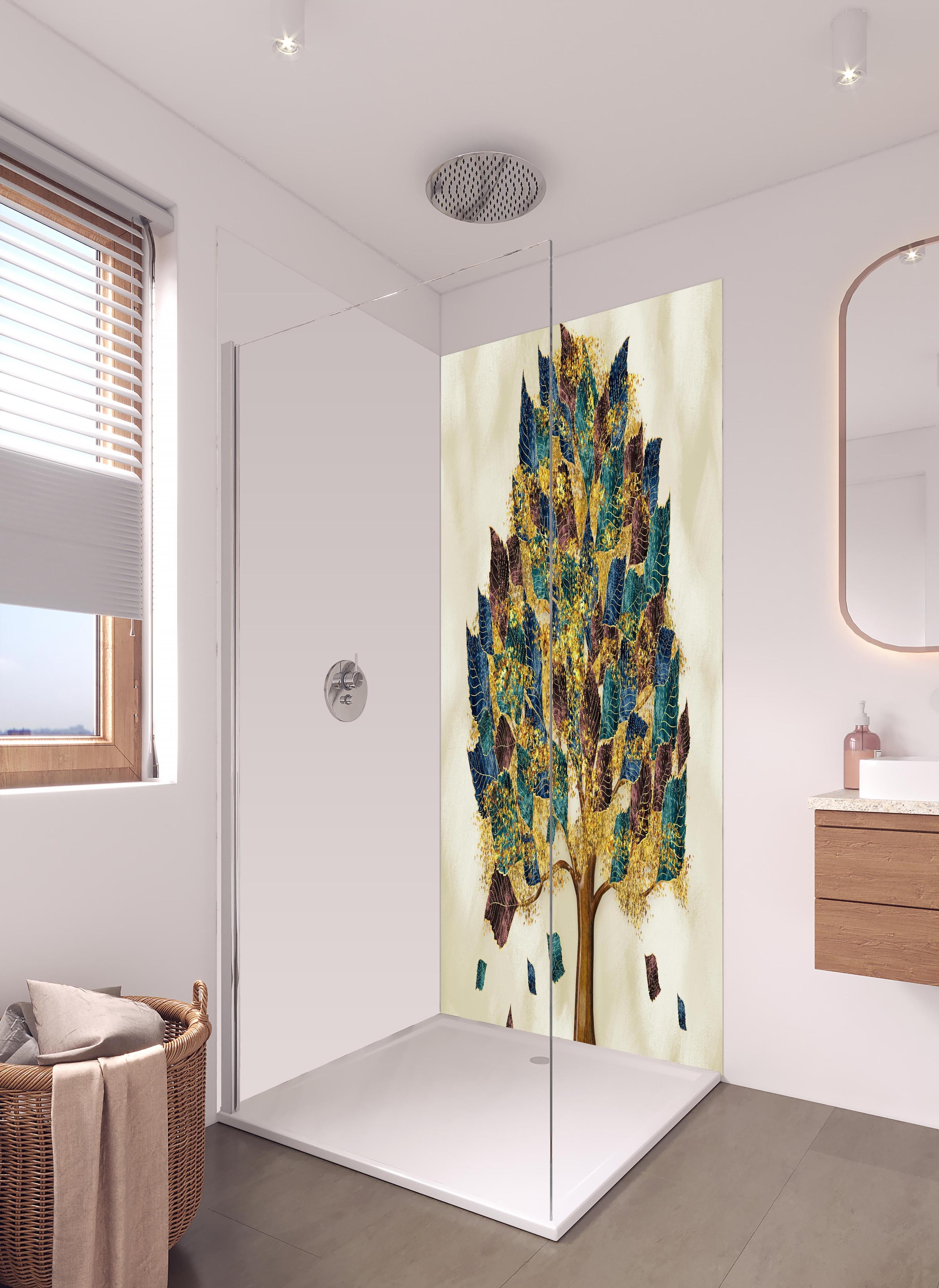 Duschrückwand - Wandmalerei - Bunter Baum in hellem Badezimmer mit Regenduschkopf - zweiteilige Eck-Duschrückwand