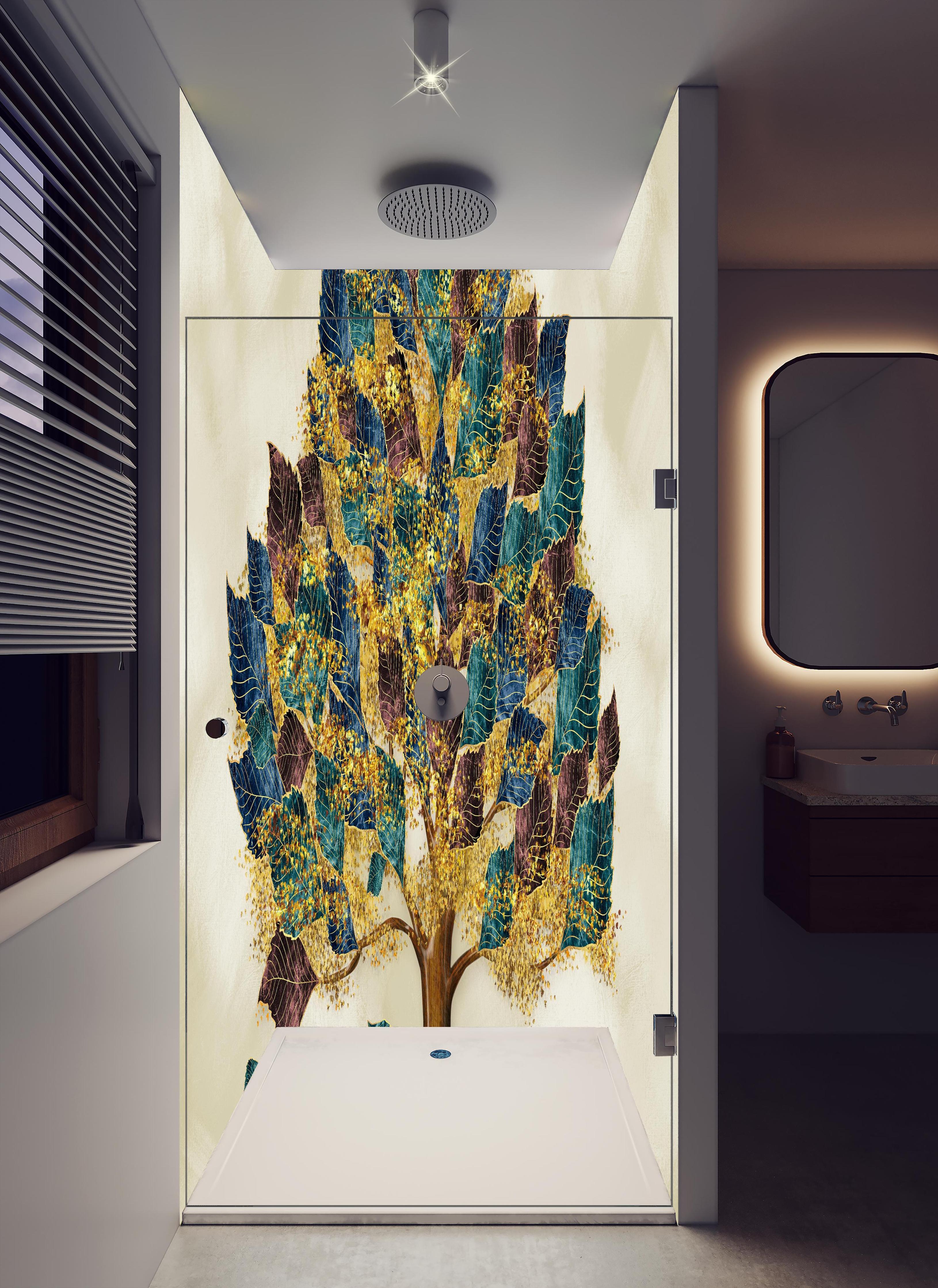 Duschrückwand - Wandmalerei - Bunter Baum in hellem Badezimmer mit Regenduschkopf - zweiteilige Eck-Duschrückwand