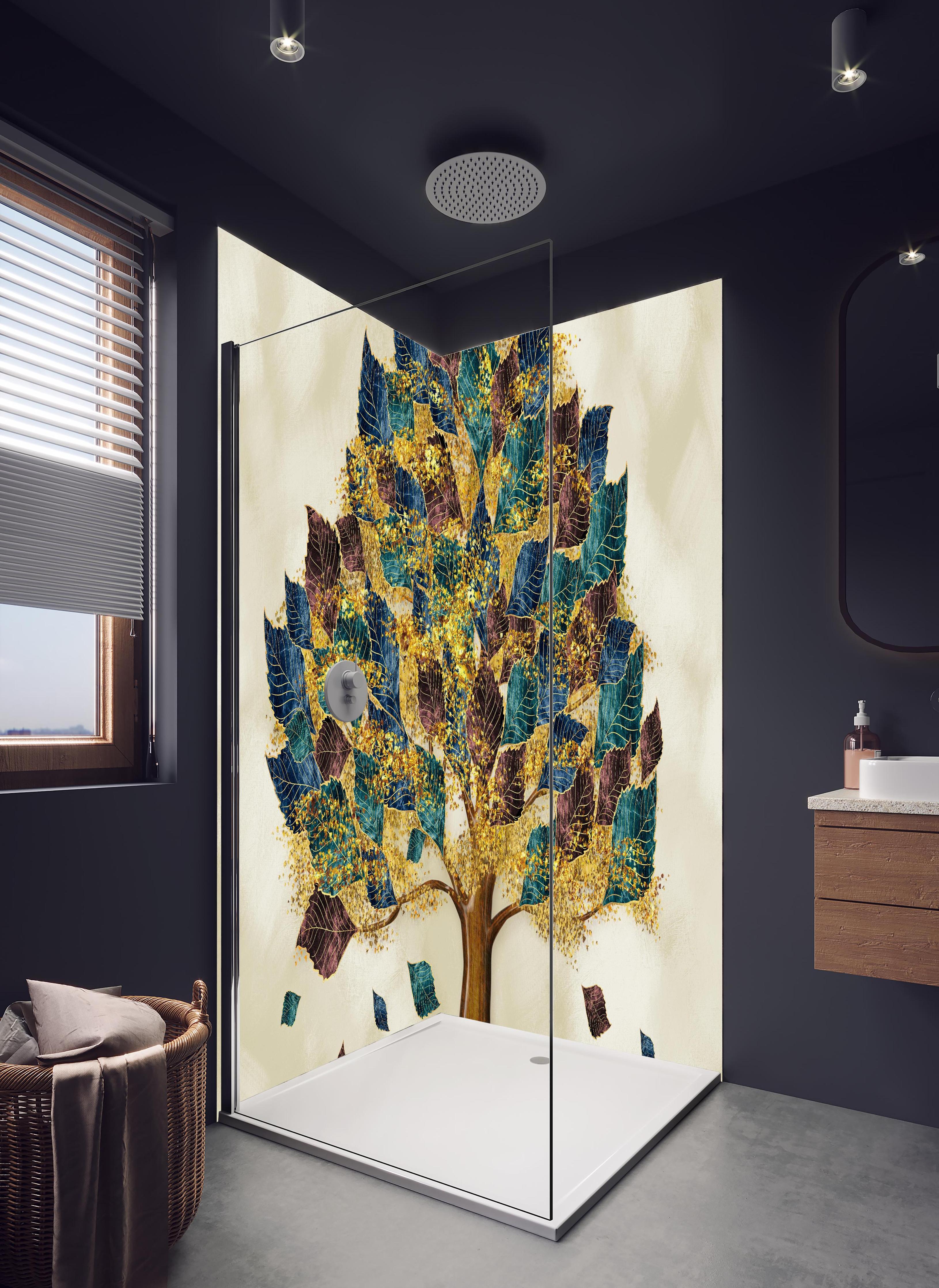 Duschrückwand - Wandmalerei - Bunter Baum in hellem Badezimmer mit Regenduschkopf - zweiteilige Eck-Duschrückwand