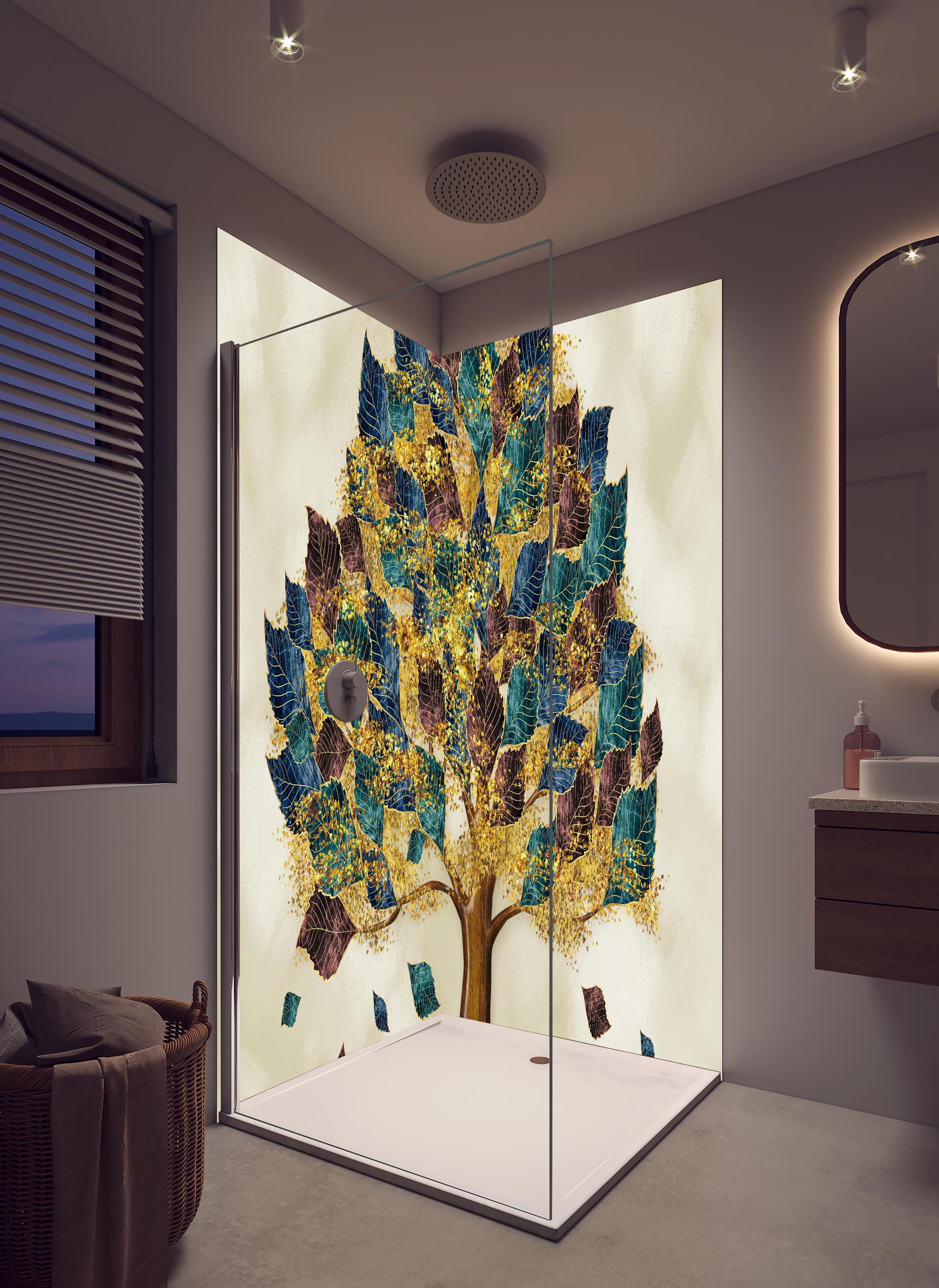 Duschrückwand - Wandmalerei - Bunter Baum in hellem Badezimmer mit Regenduschkopf - zweiteilige Eck-Duschrückwand