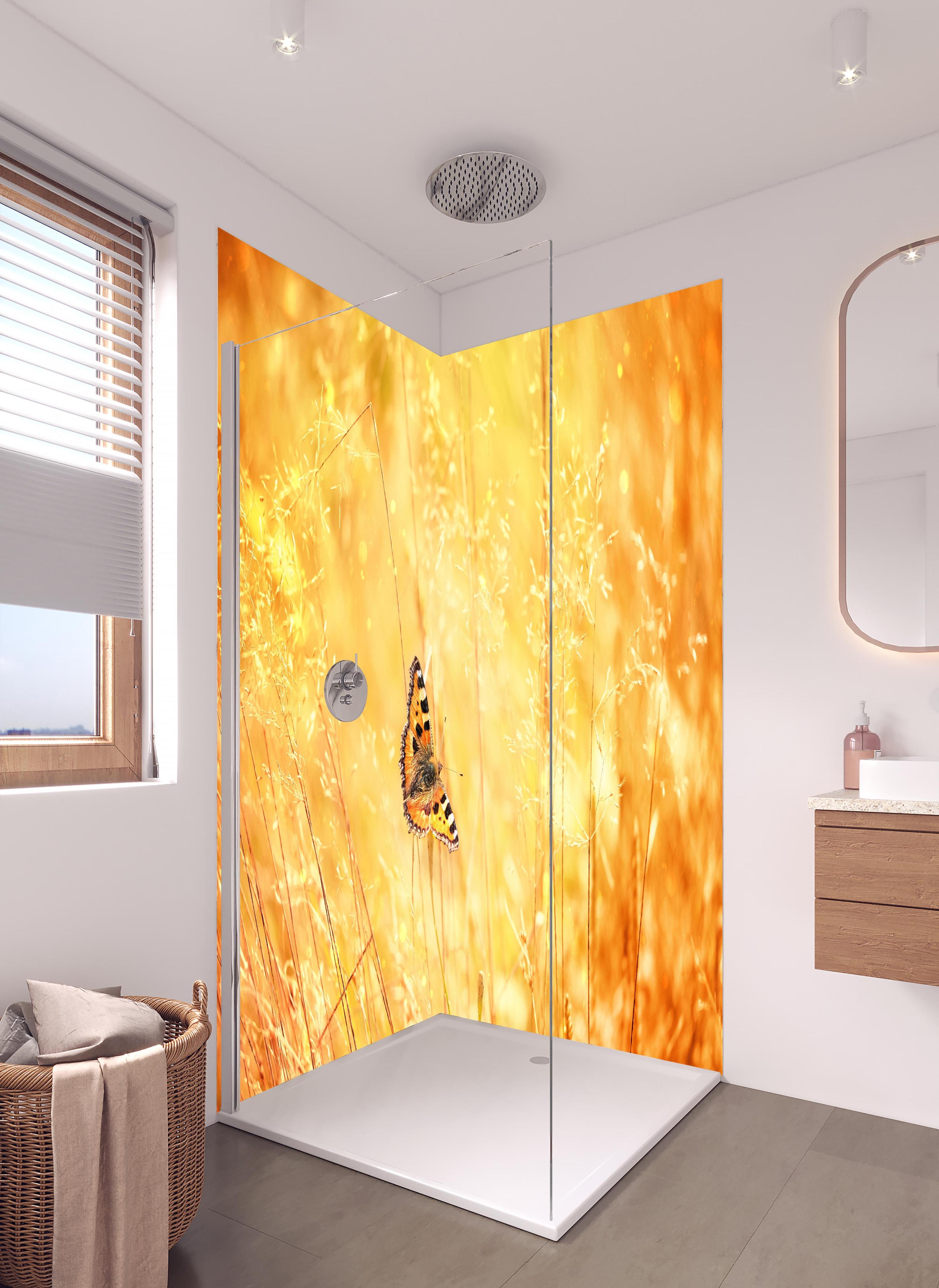 Duschrückwand - Warme Goldtöne im sommerlichen Feldmotiv in hellem Badezimmer mit Regenduschkopf - zweiteilige Eck-Duschrückwand