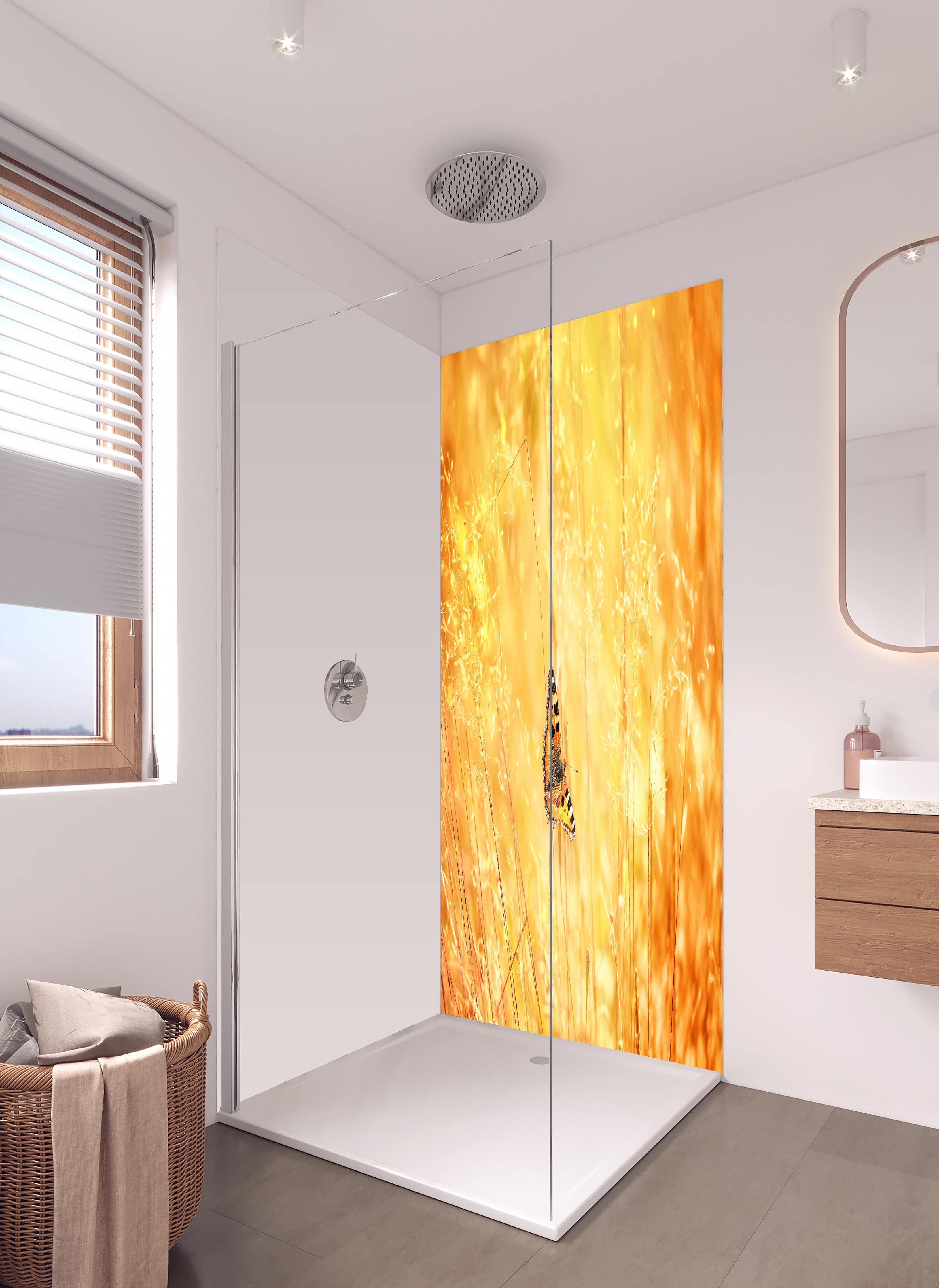 Duschrückwand - Warme Goldtöne im sommerlichen Feldmotiv in hellem Badezimmer mit Regenduschkopf - zweiteilige Eck-Duschrückwand