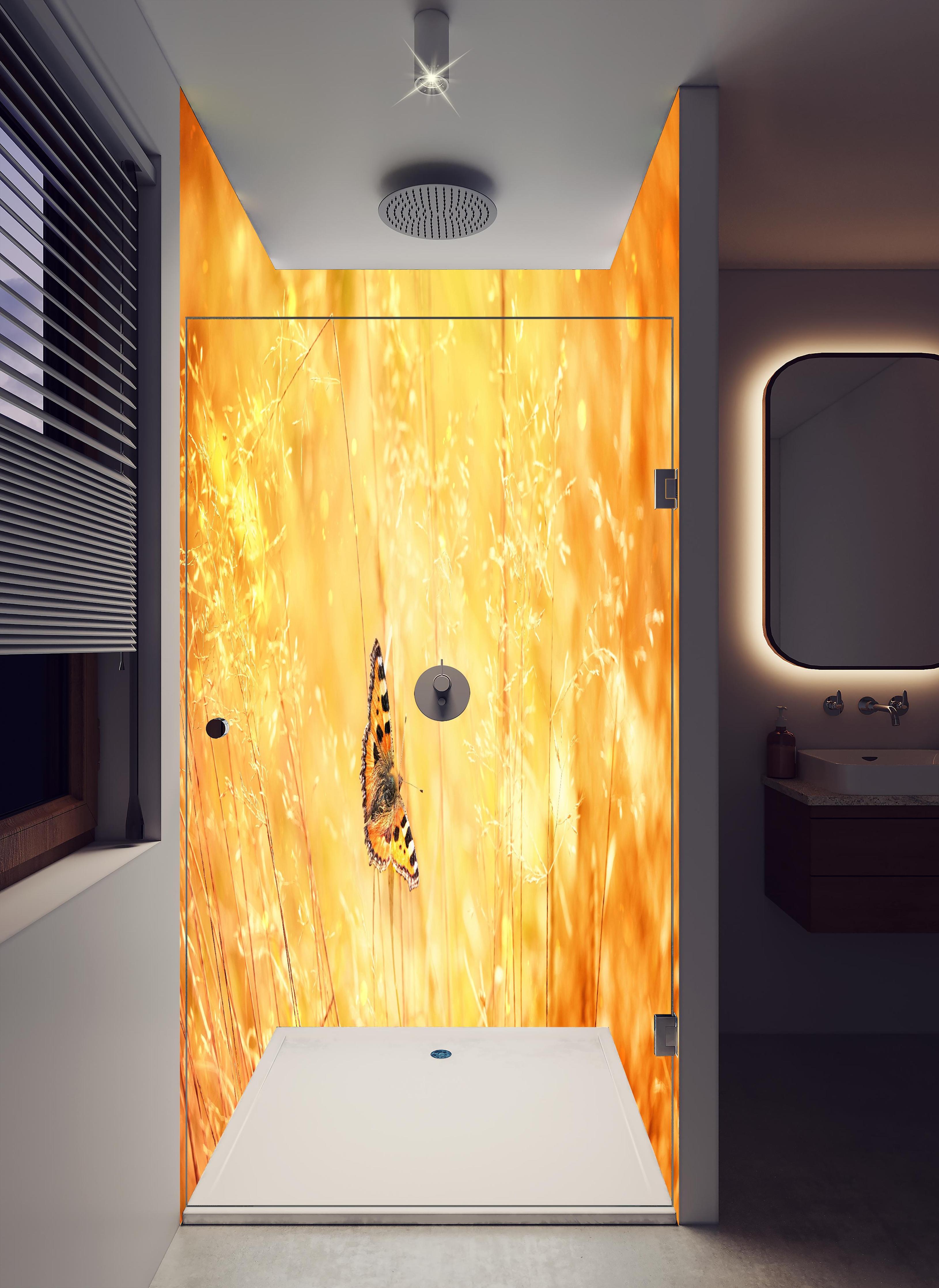 Duschrückwand - Warme Goldtöne im sommerlichen Feldmotiv in hellem Badezimmer mit Regenduschkopf - zweiteilige Eck-Duschrückwand