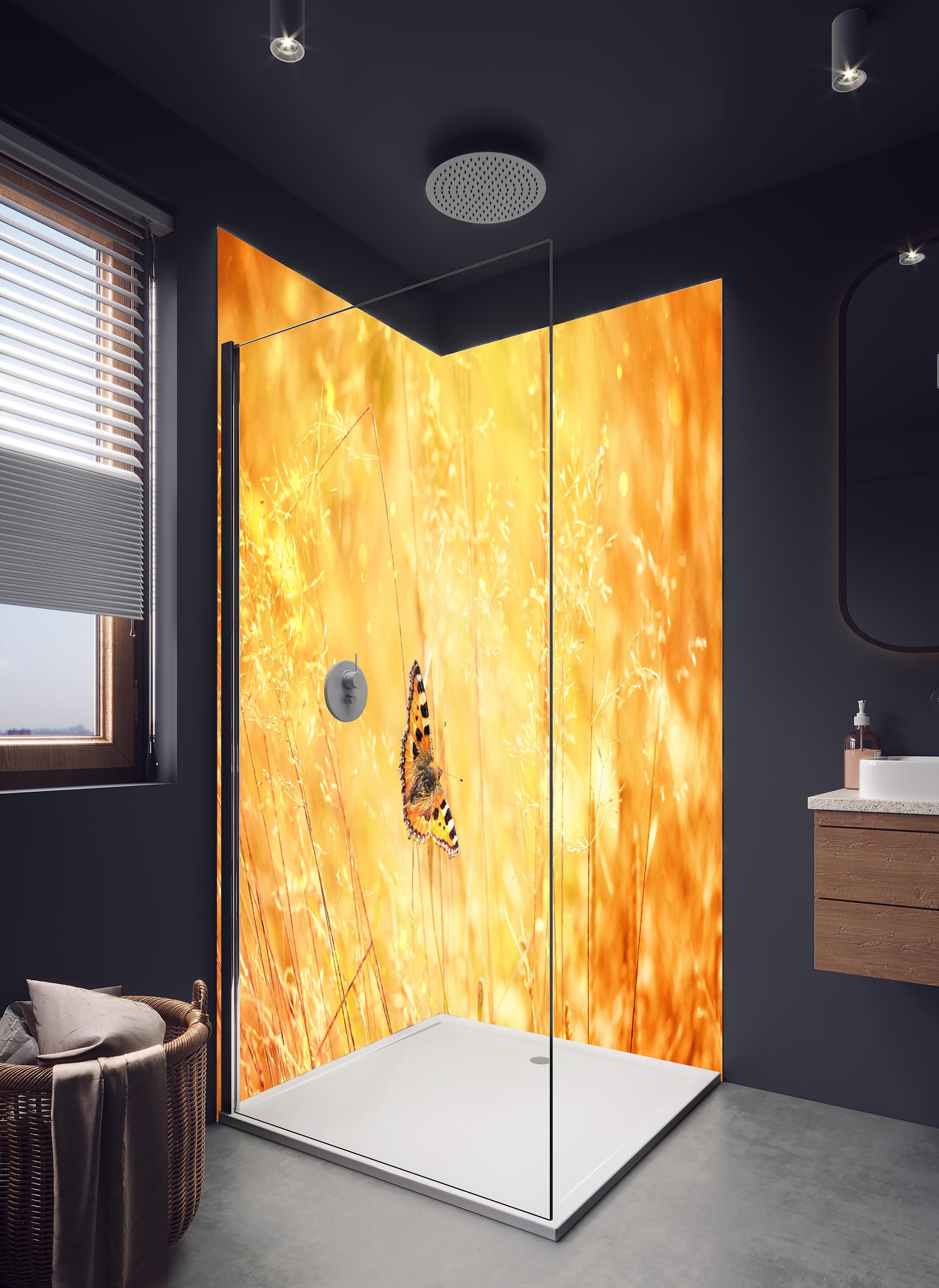 Duschrückwand - Warme Goldtöne im sommerlichen Feldmotiv in hellem Badezimmer mit Regenduschkopf - zweiteilige Eck-Duschrückwand