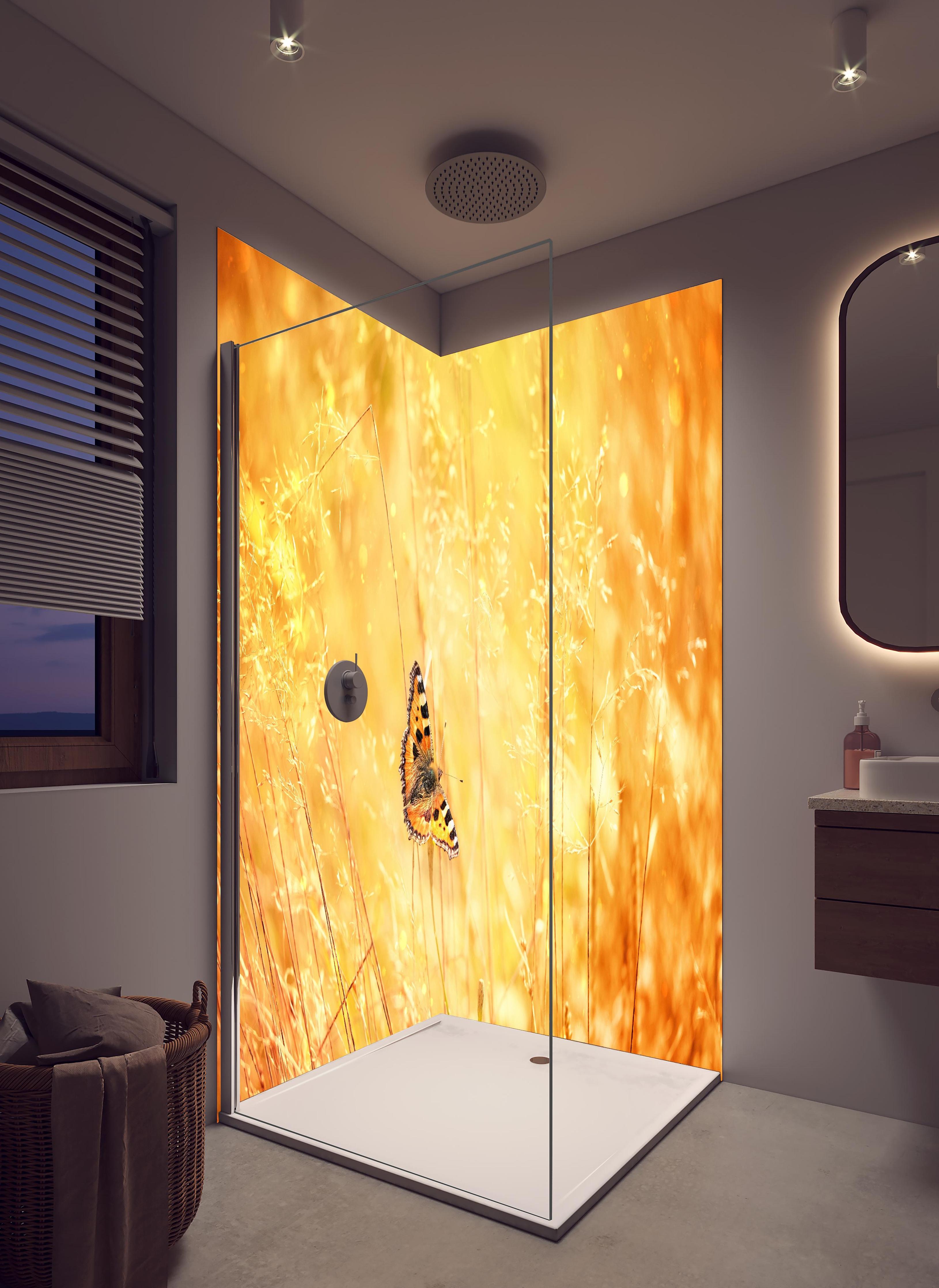 Duschrückwand - Warme Goldtöne im sommerlichen Feldmotiv in hellem Badezimmer mit Regenduschkopf - zweiteilige Eck-Duschrückwand