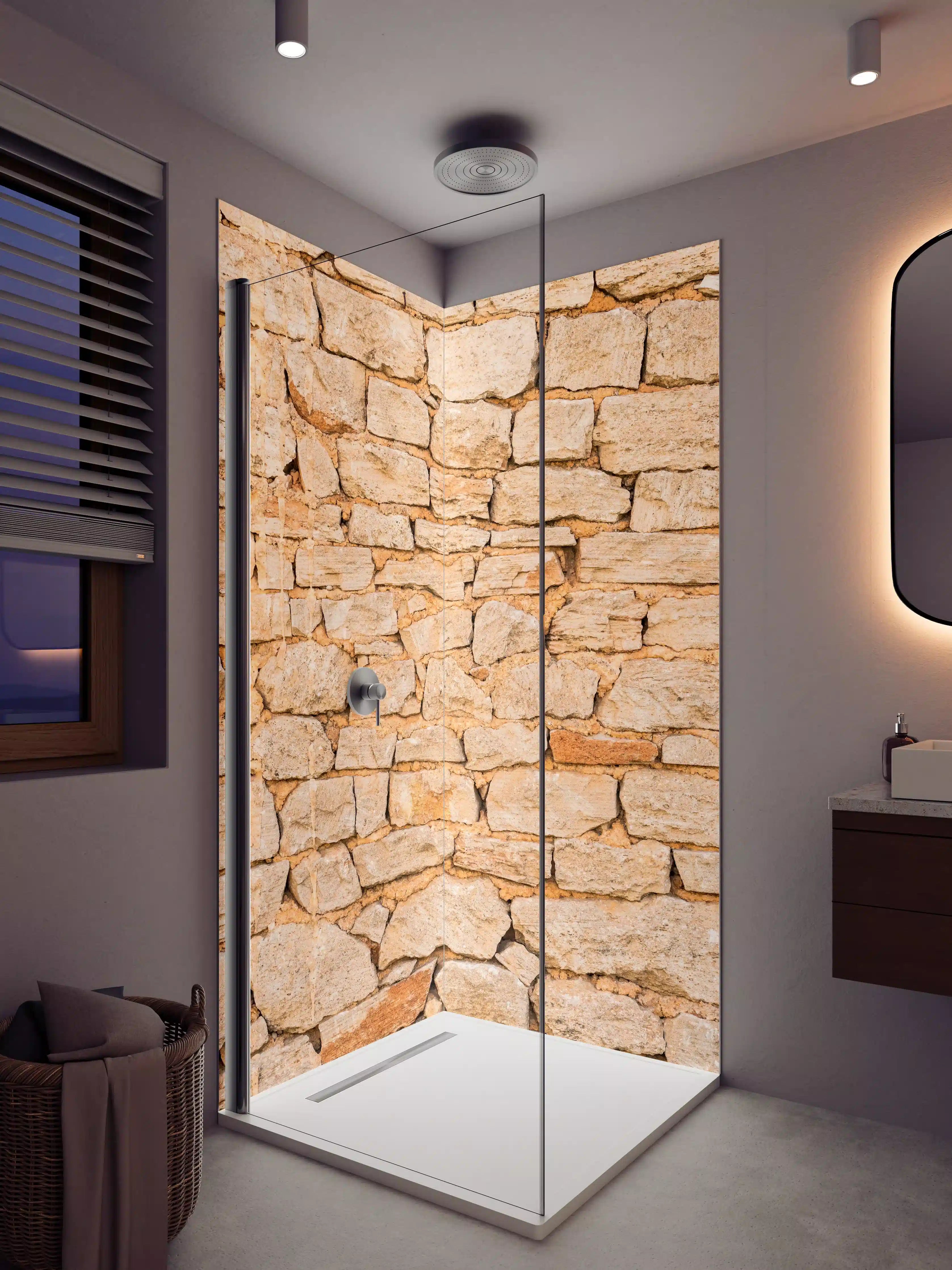 Duschrückwand - Warme Grau-Nuancen in Natursteinmauer