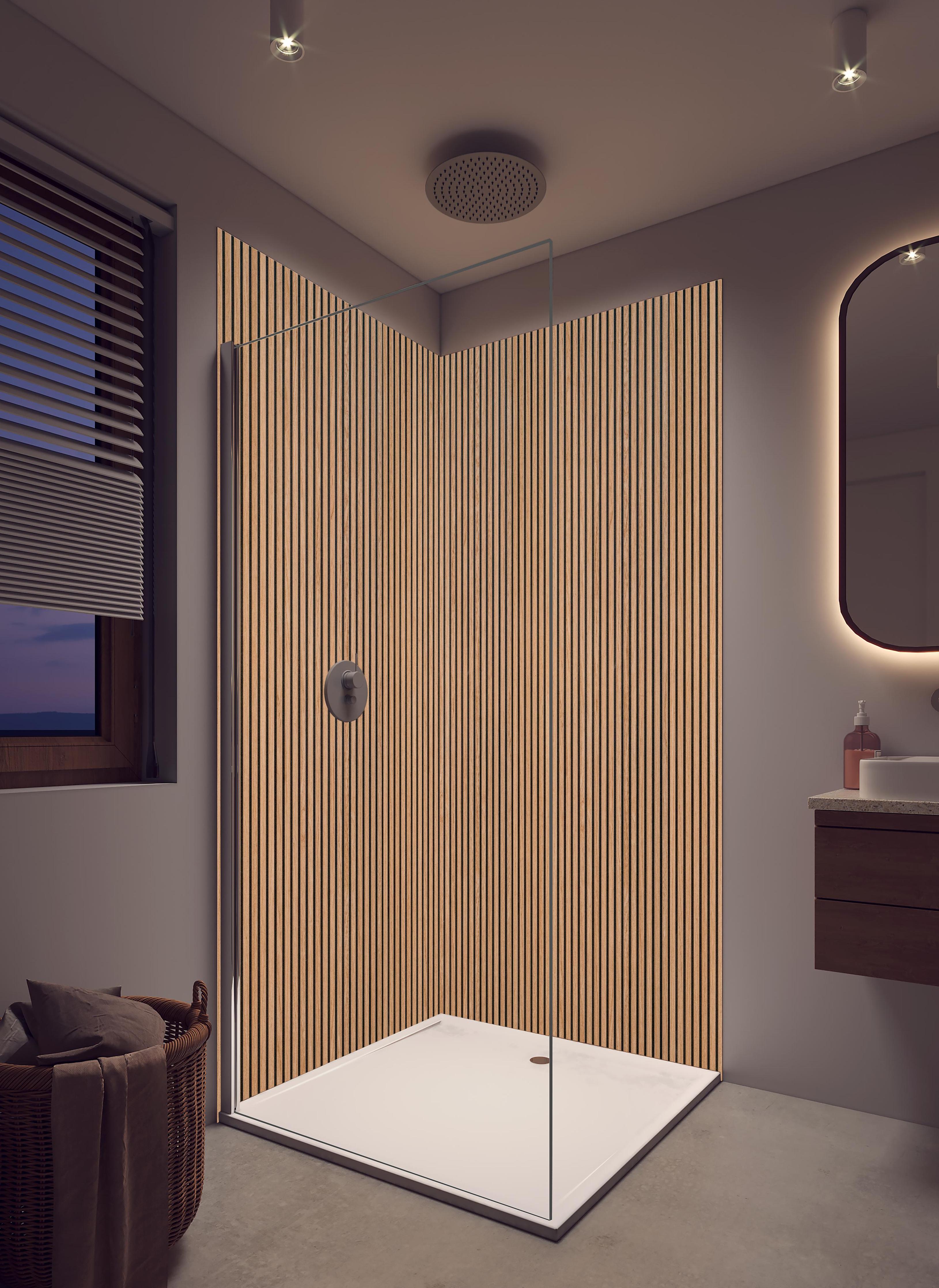 Duschrückwand - Warme Holzlamellen in hellem Badezimmer mit Regenduschkopf - zweiteilige Eck-Duschrückwand