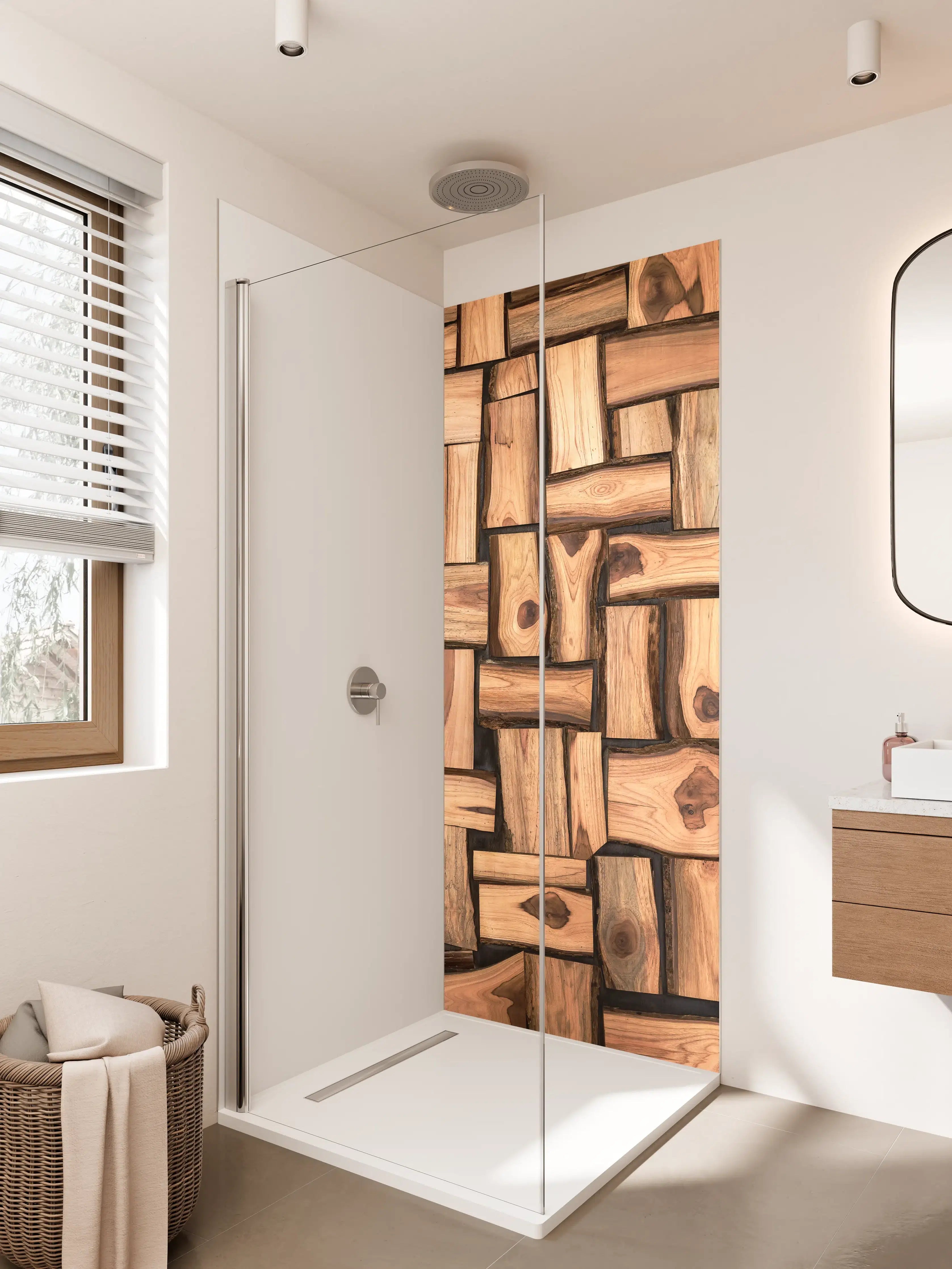 Duschrückwand - Warme Holzoptik mit dunklen Akzenten