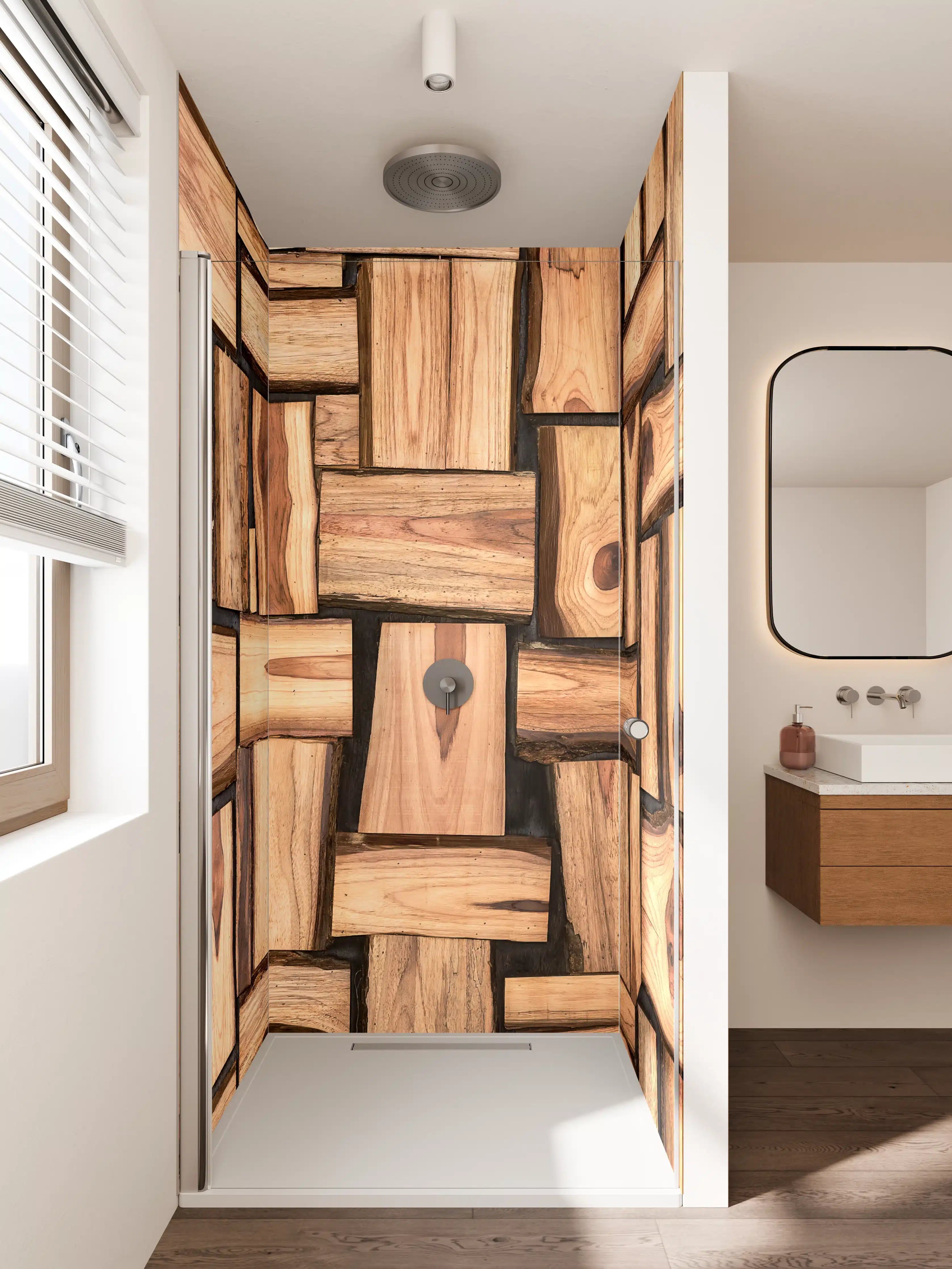 Duschrückwand - Warme Holzoptik mit dunklen Akzenten