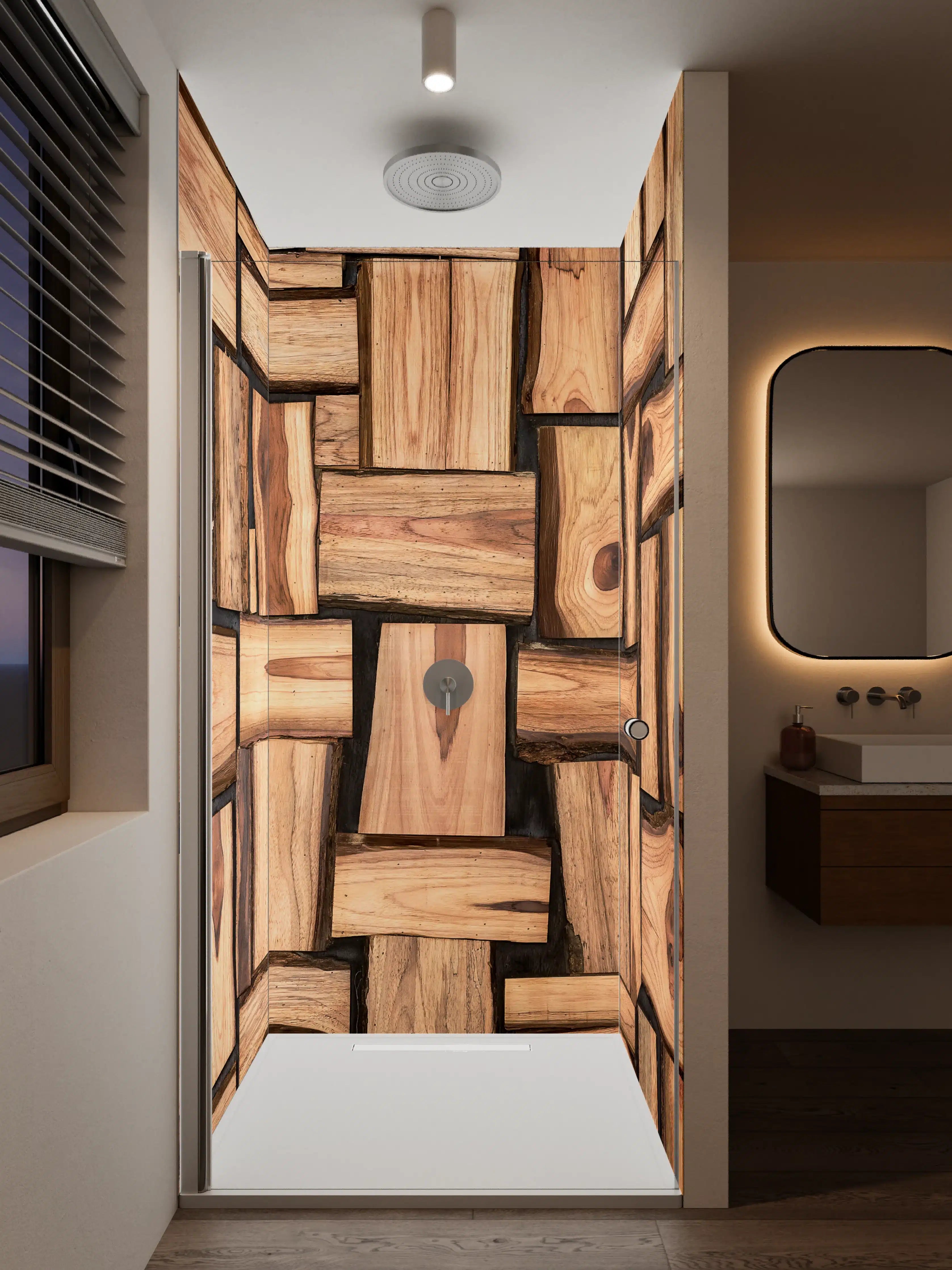 Duschrückwand - Warme Holzoptik mit dunklen Akzenten