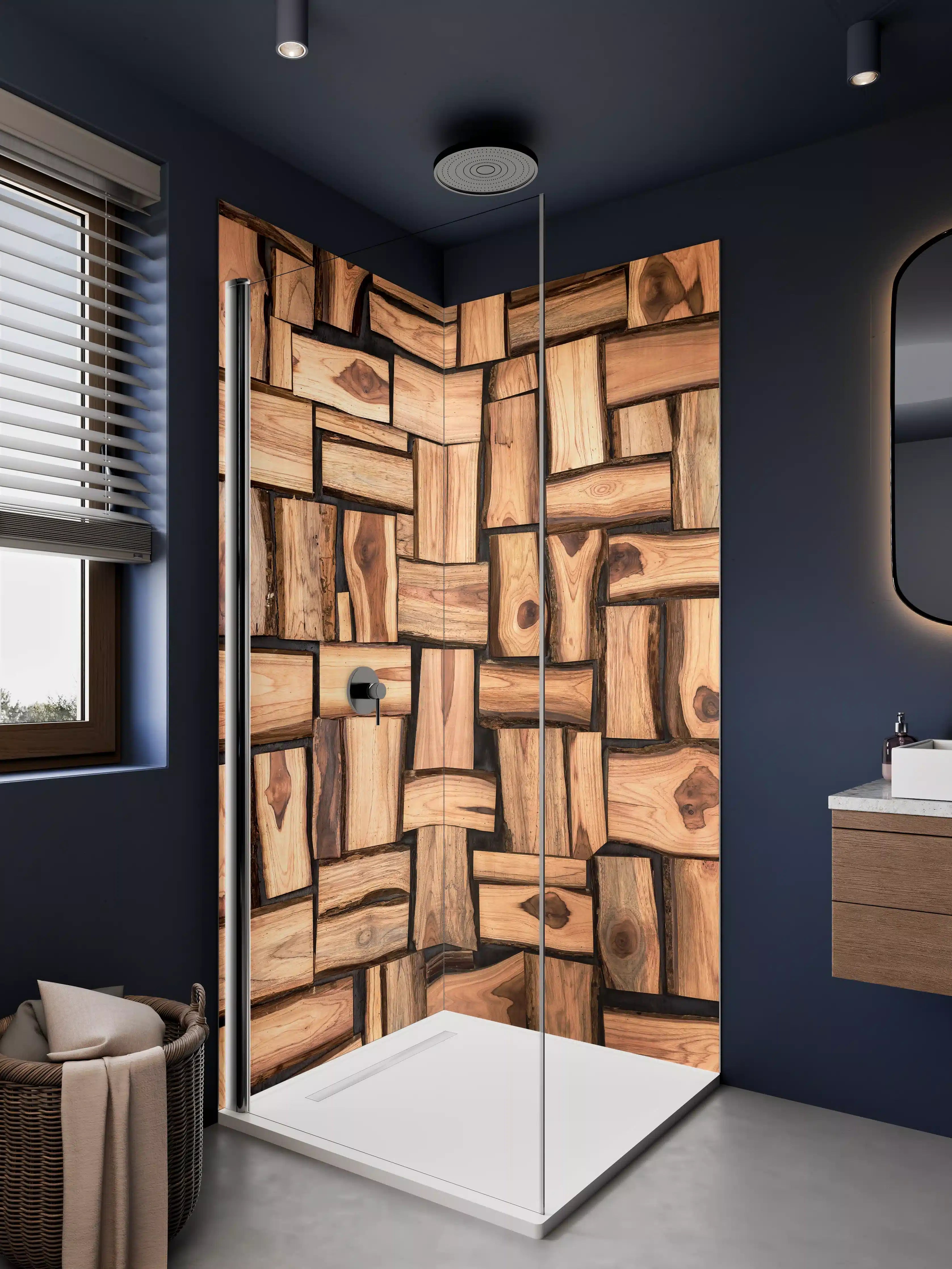 Duschrückwand - Warme Holzoptik mit dunklen Akzenten