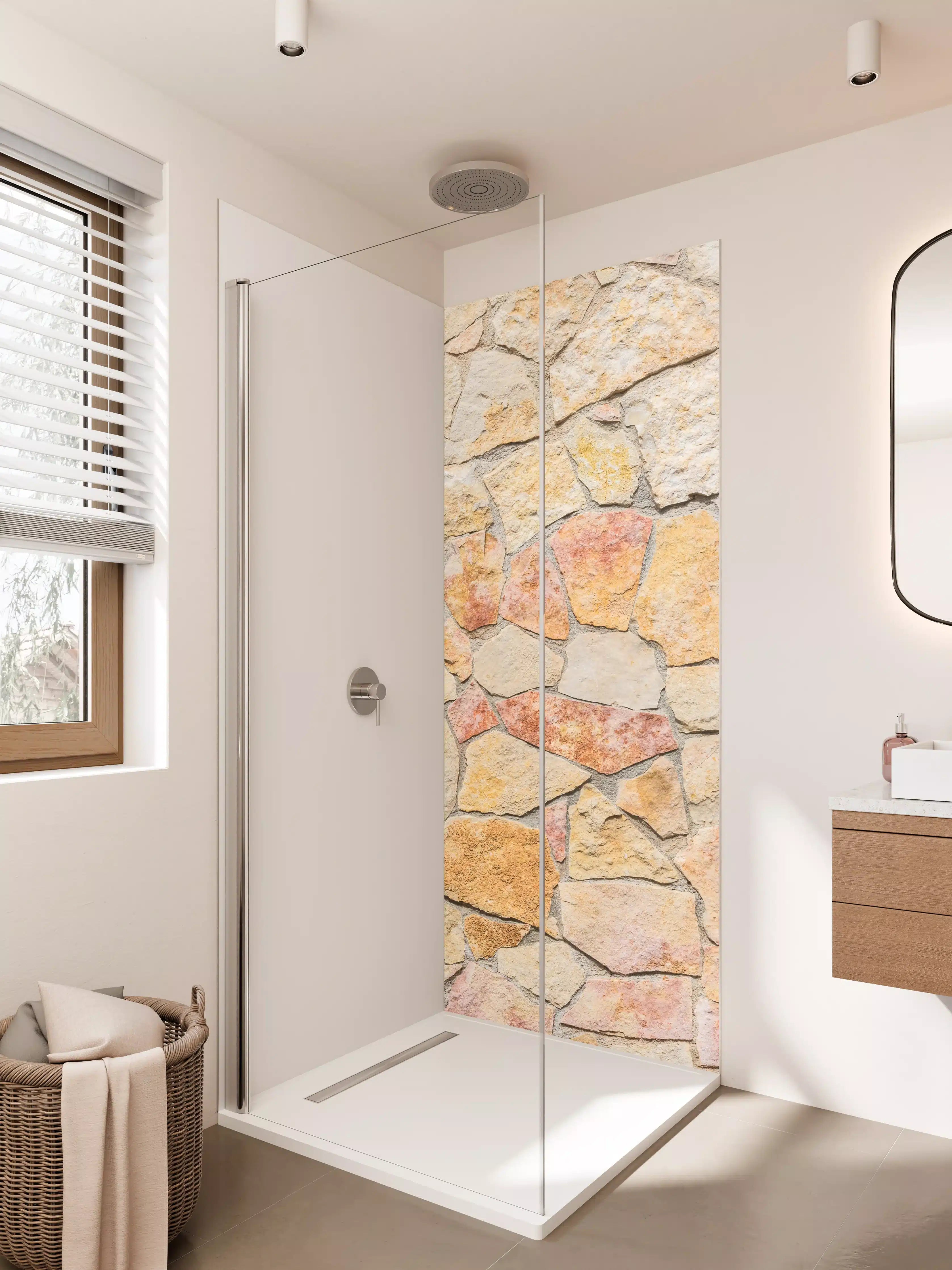 Duschrückwand - Warme Natursteinmauer in Sand- und Rottönen