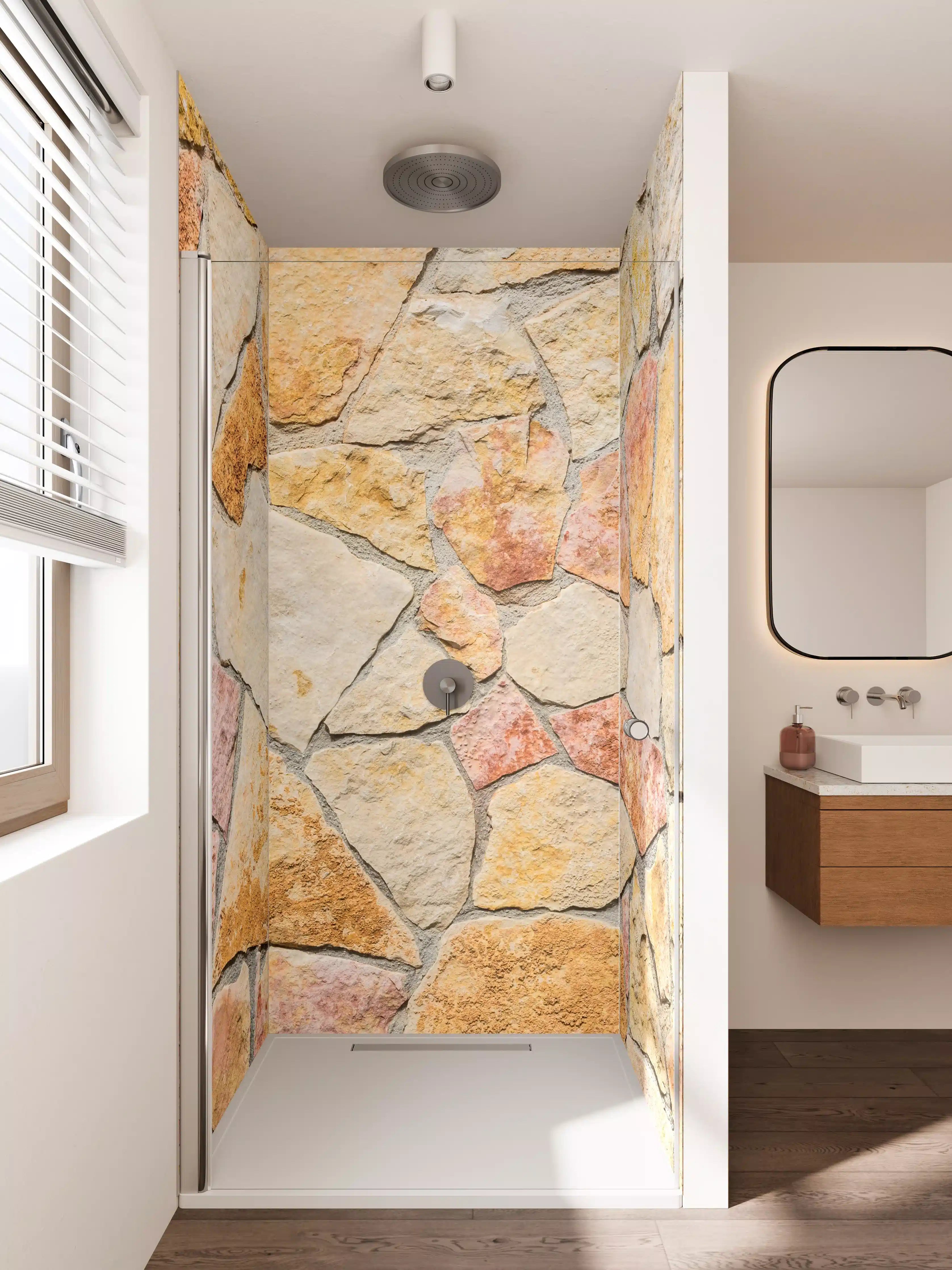 Duschrückwand - Warme Natursteinmauer in Sand- und Rottönen