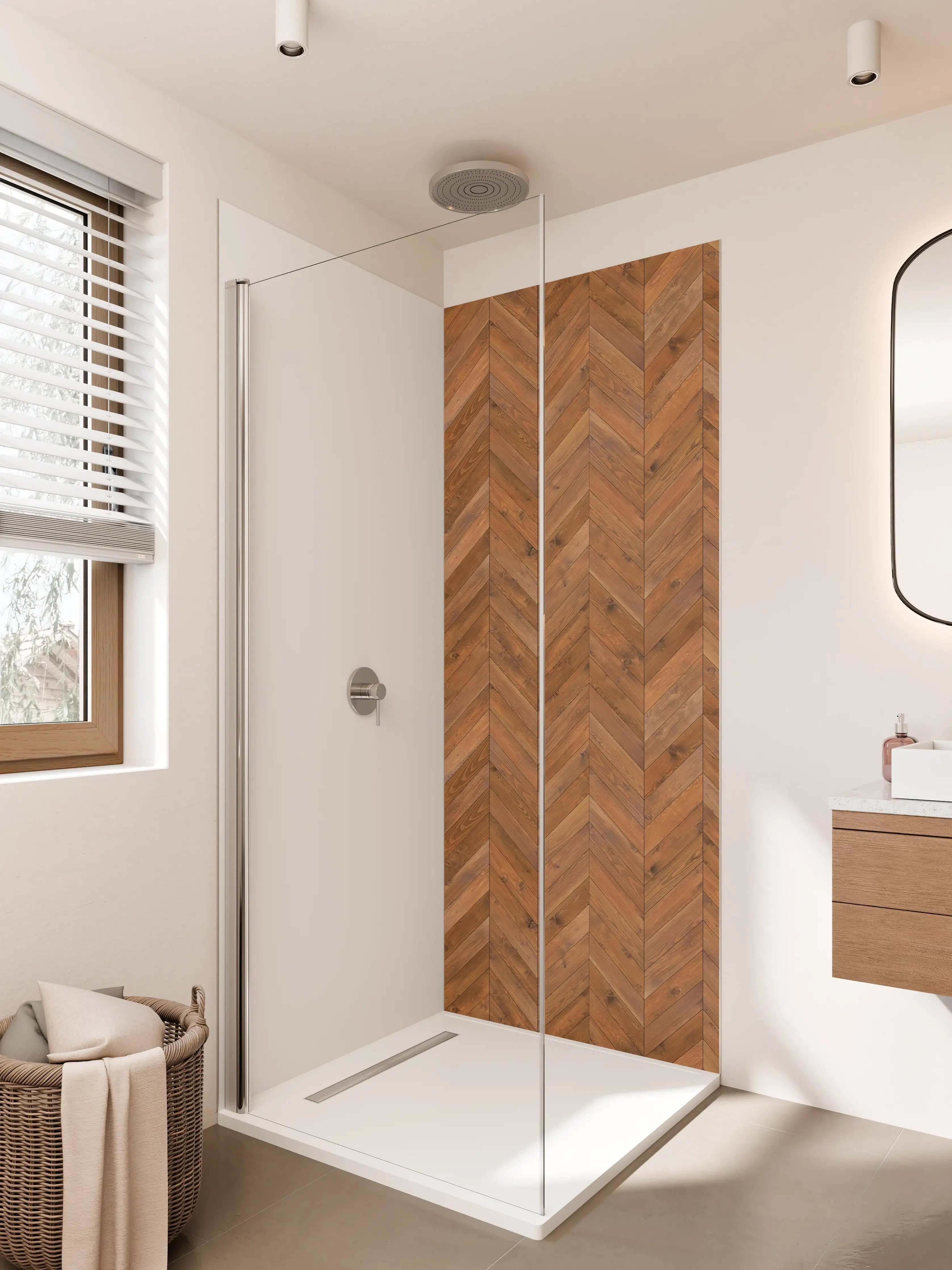 Duschrückwand - Warmer Holzboden in Zickzack-Optik