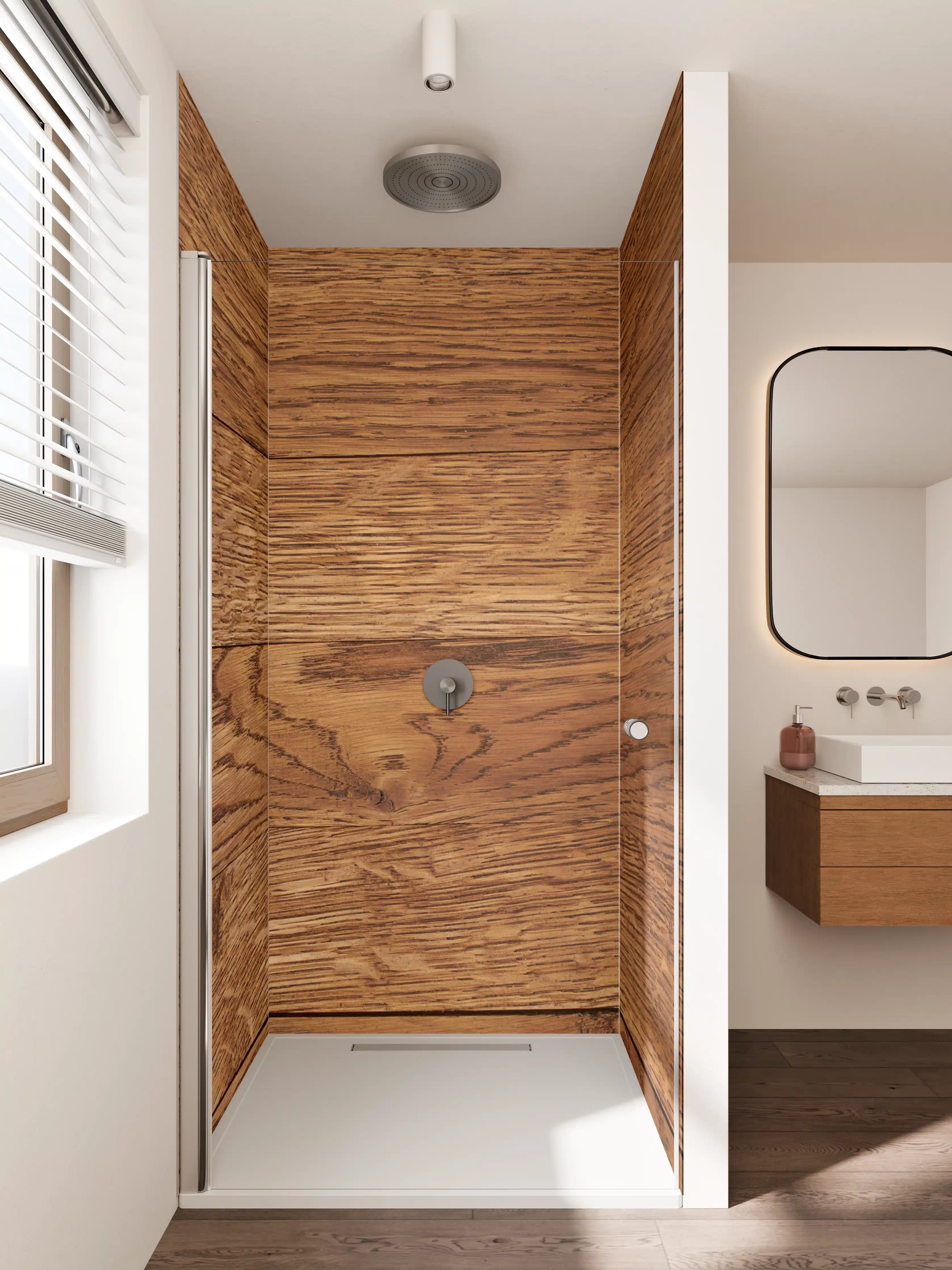 Duschrückwand - Warmer Holzfußboden mit lebendiger Maserung