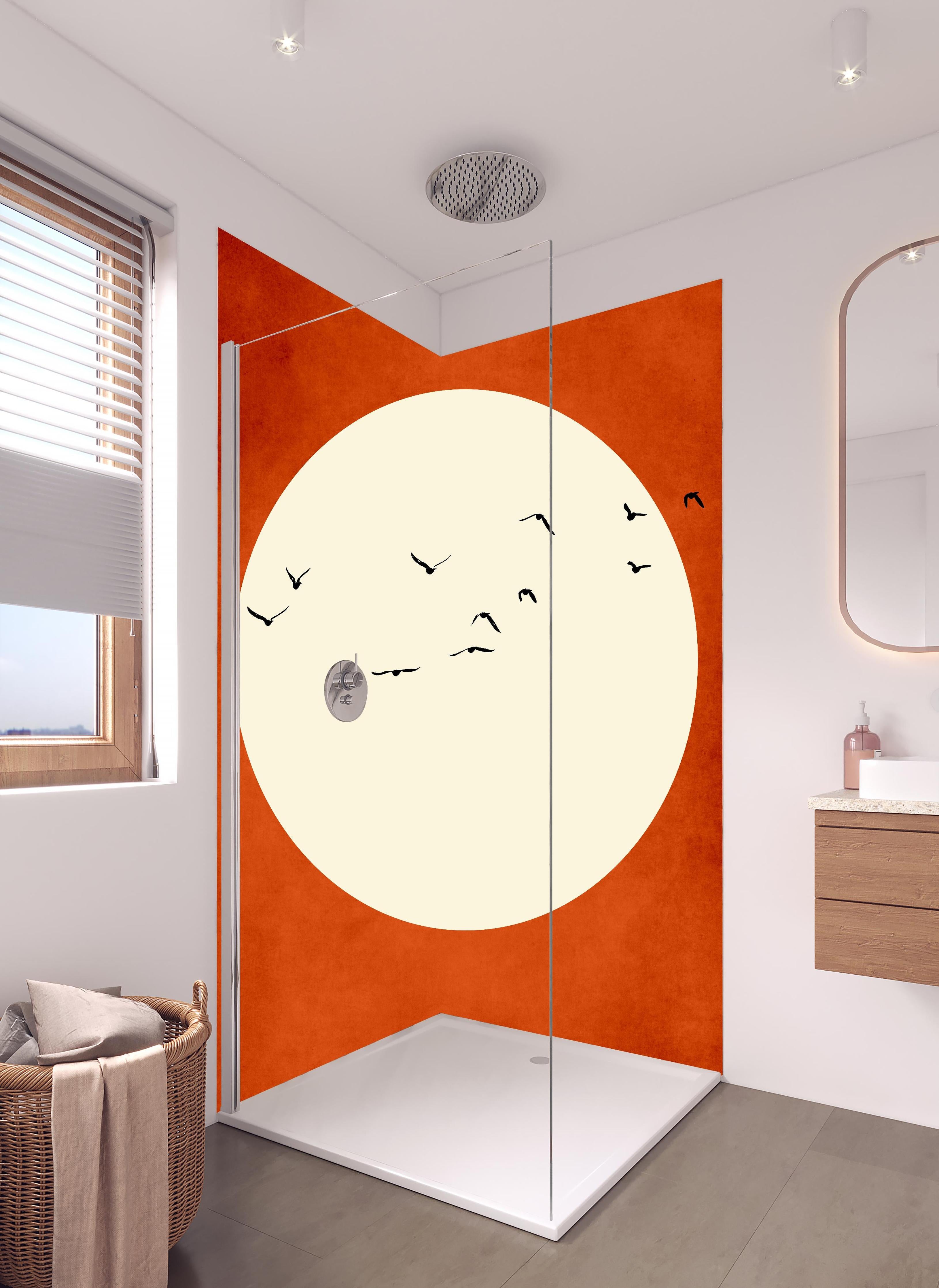 Duschrückwand - Warmer Mond - Grafik in hellem Badezimmer mit Regenduschkopf - zweiteilige Eck-Duschrückwand