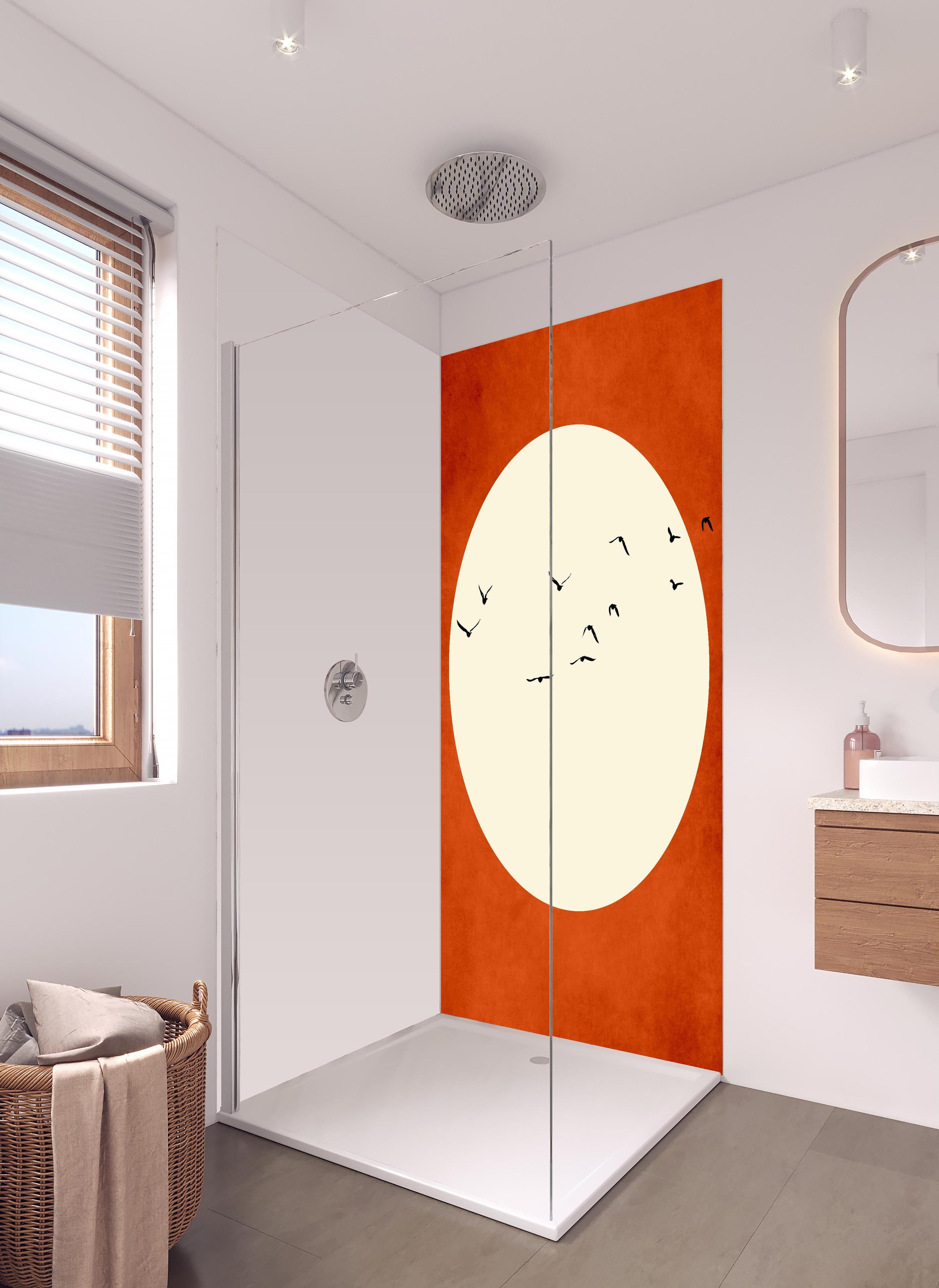 Duschrückwand - Warmer Mond - Grafik in hellem Badezimmer mit Regenduschkopf - zweiteilige Eck-Duschrückwand