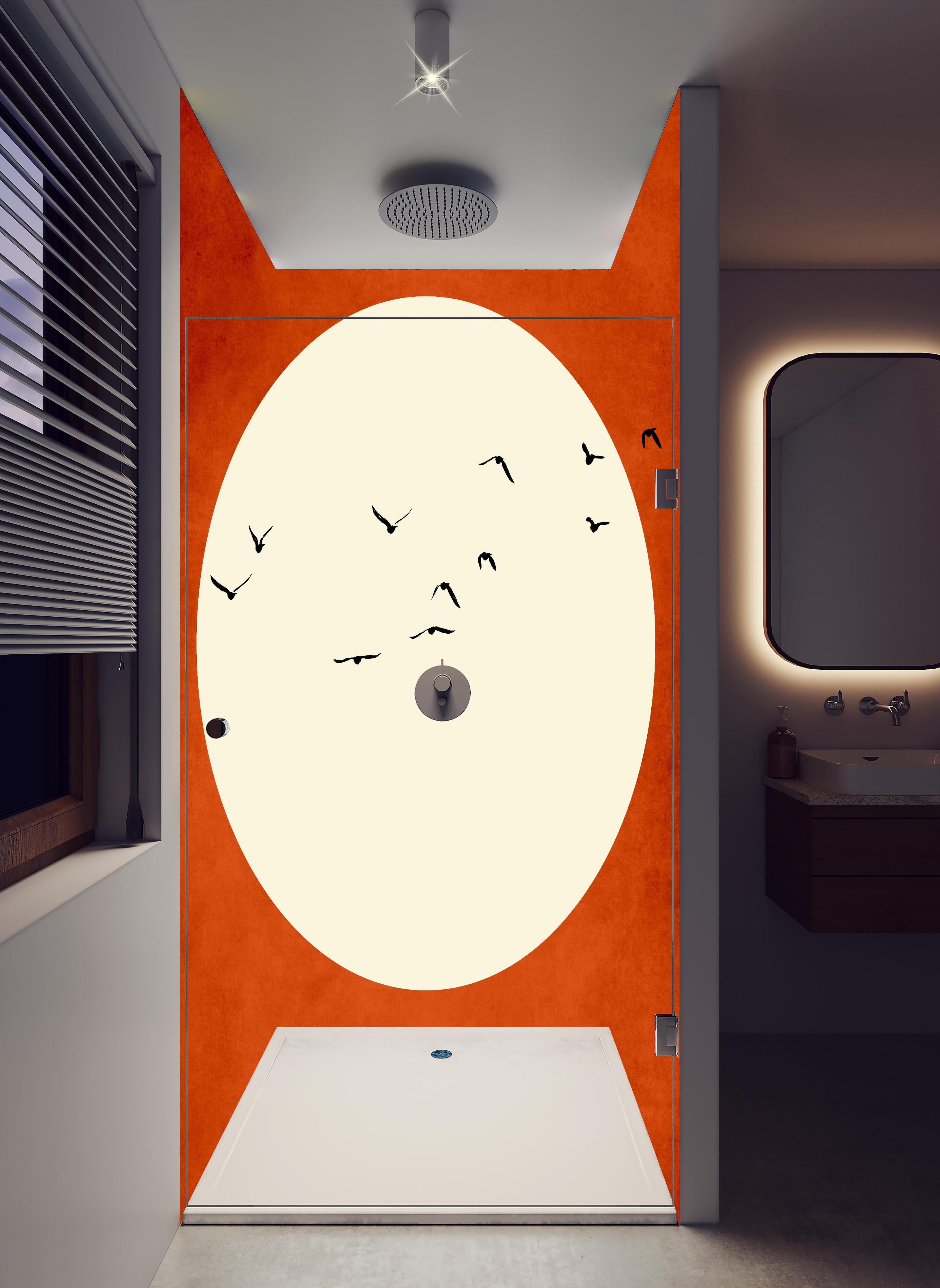 Duschrückwand - Warmer Mond - Grafik in hellem Badezimmer mit Regenduschkopf - zweiteilige Eck-Duschrückwand