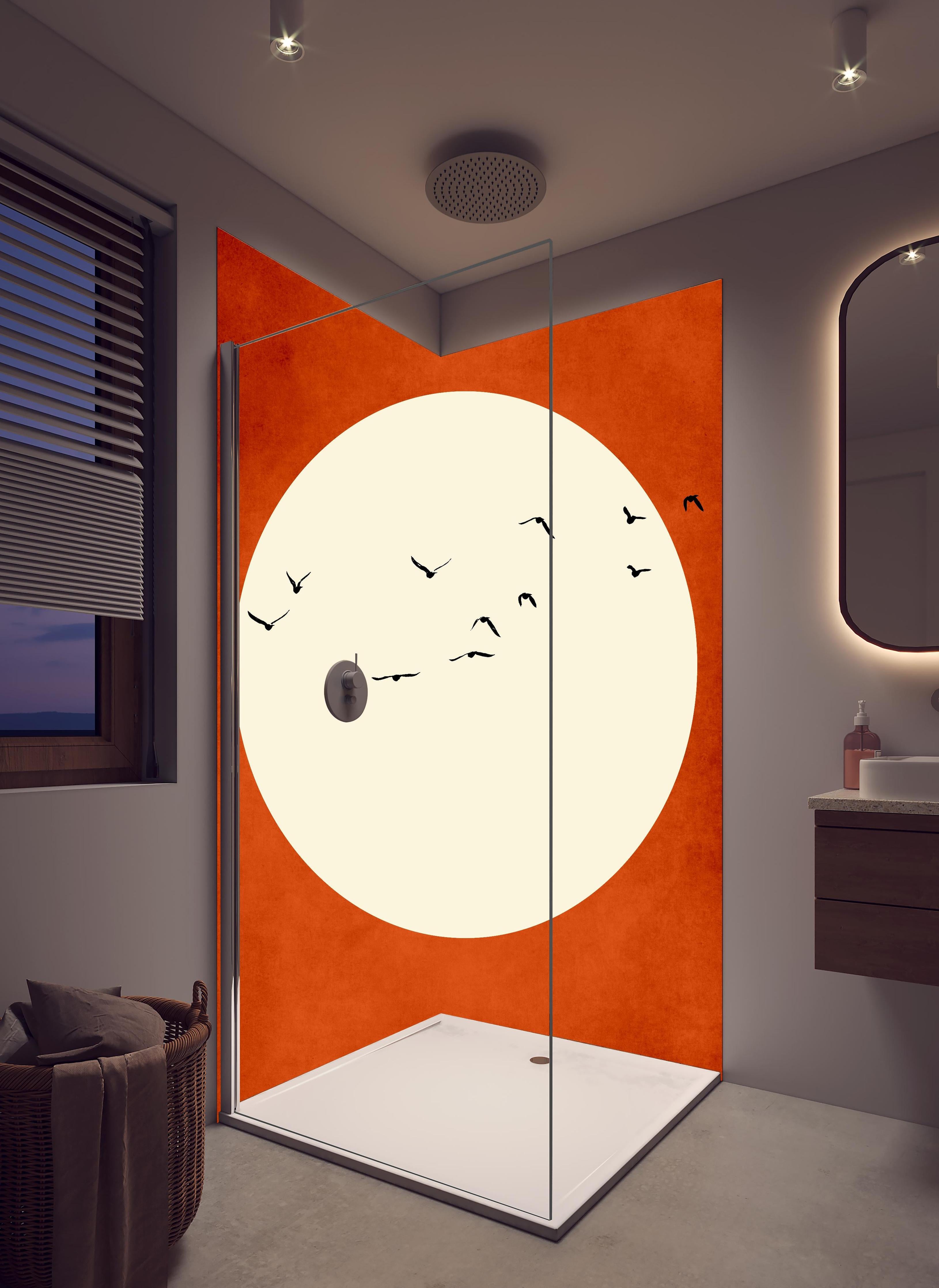Duschrückwand - Warmer Mond - Grafik in hellem Badezimmer mit Regenduschkopf - zweiteilige Eck-Duschrückwand