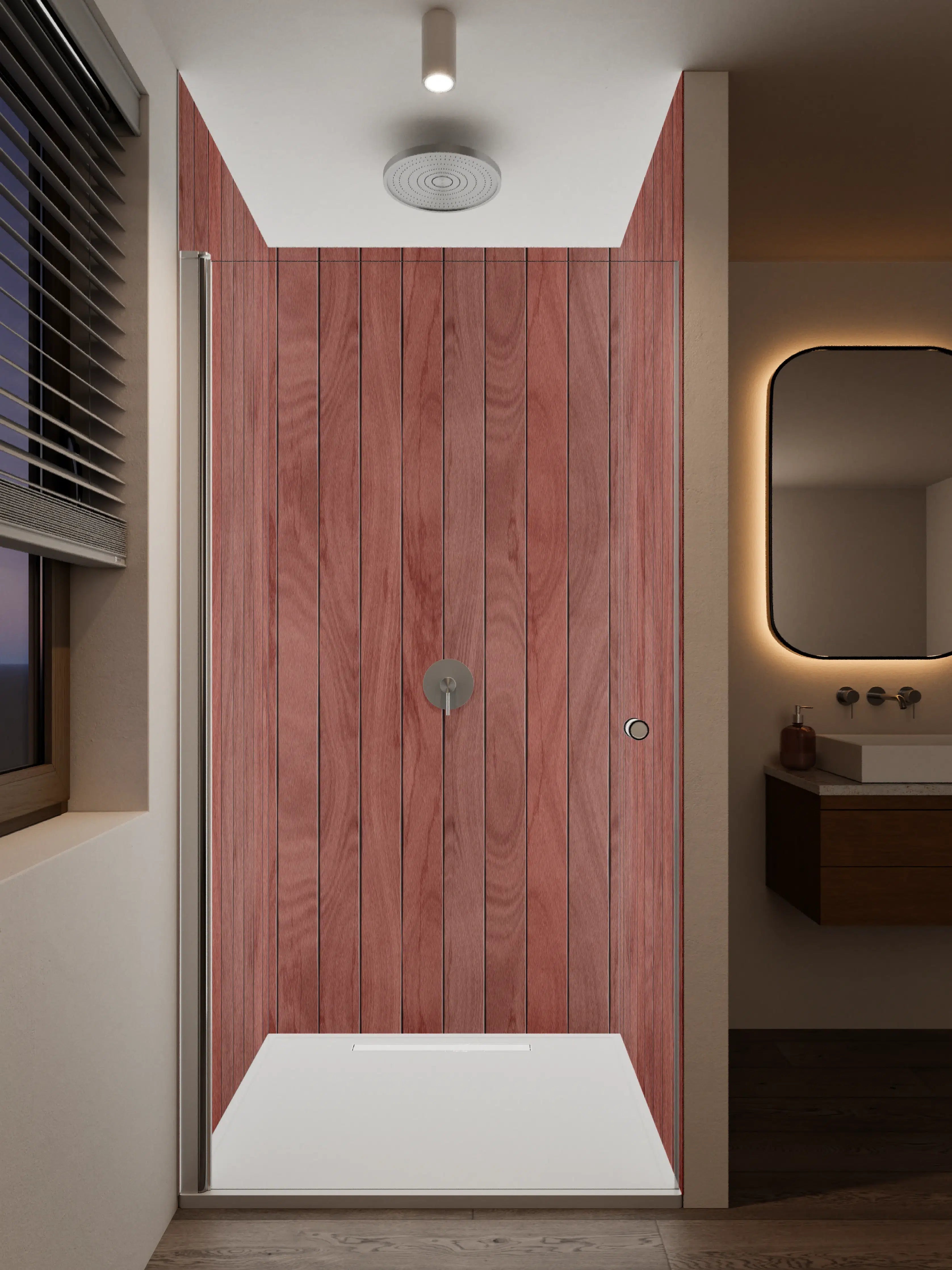 Duschrückwand - Warmes Holz-Design mit rotem Ton