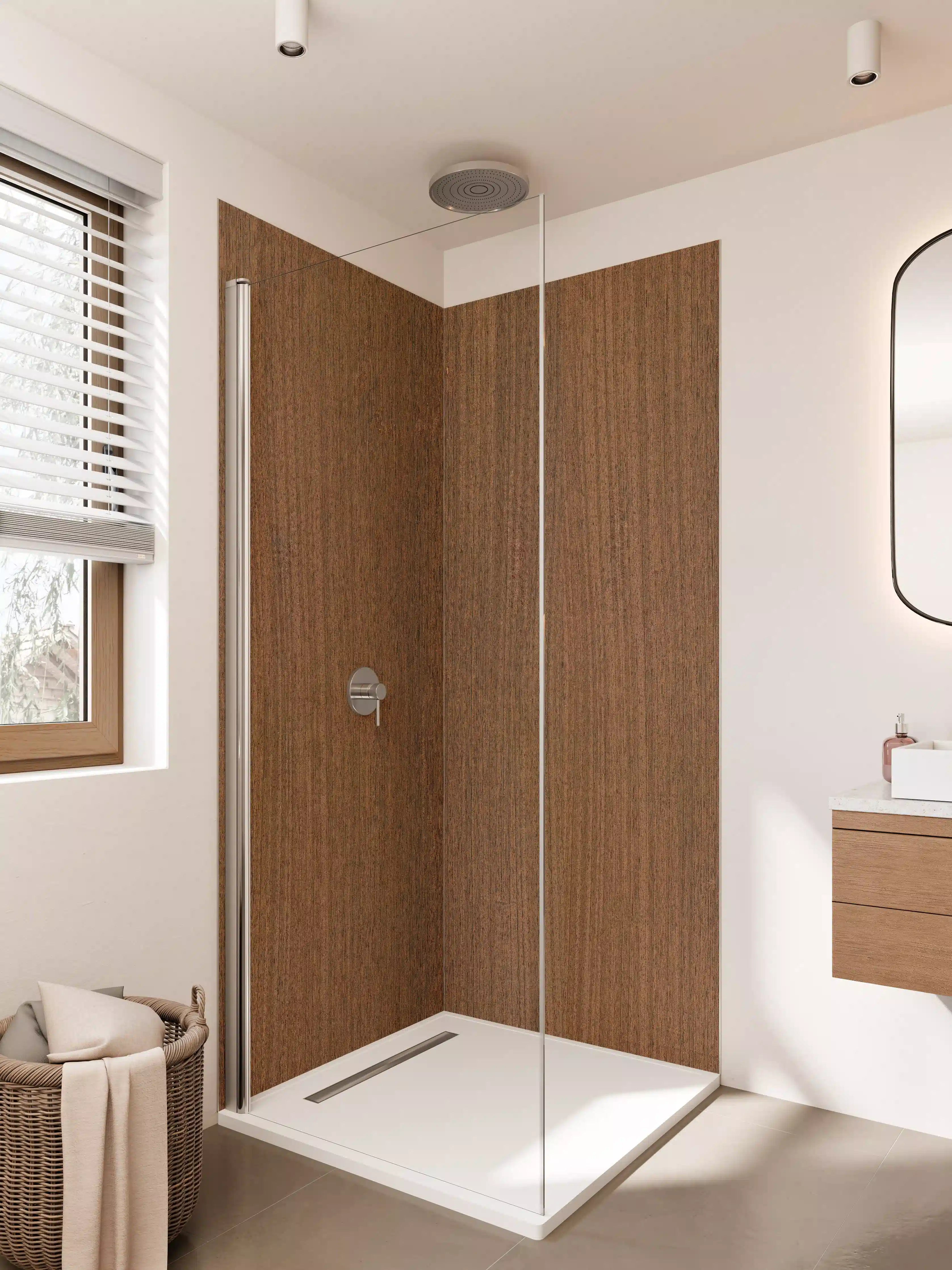 Duschrückwand - Warmes Holzmaserung im modernen Interieur