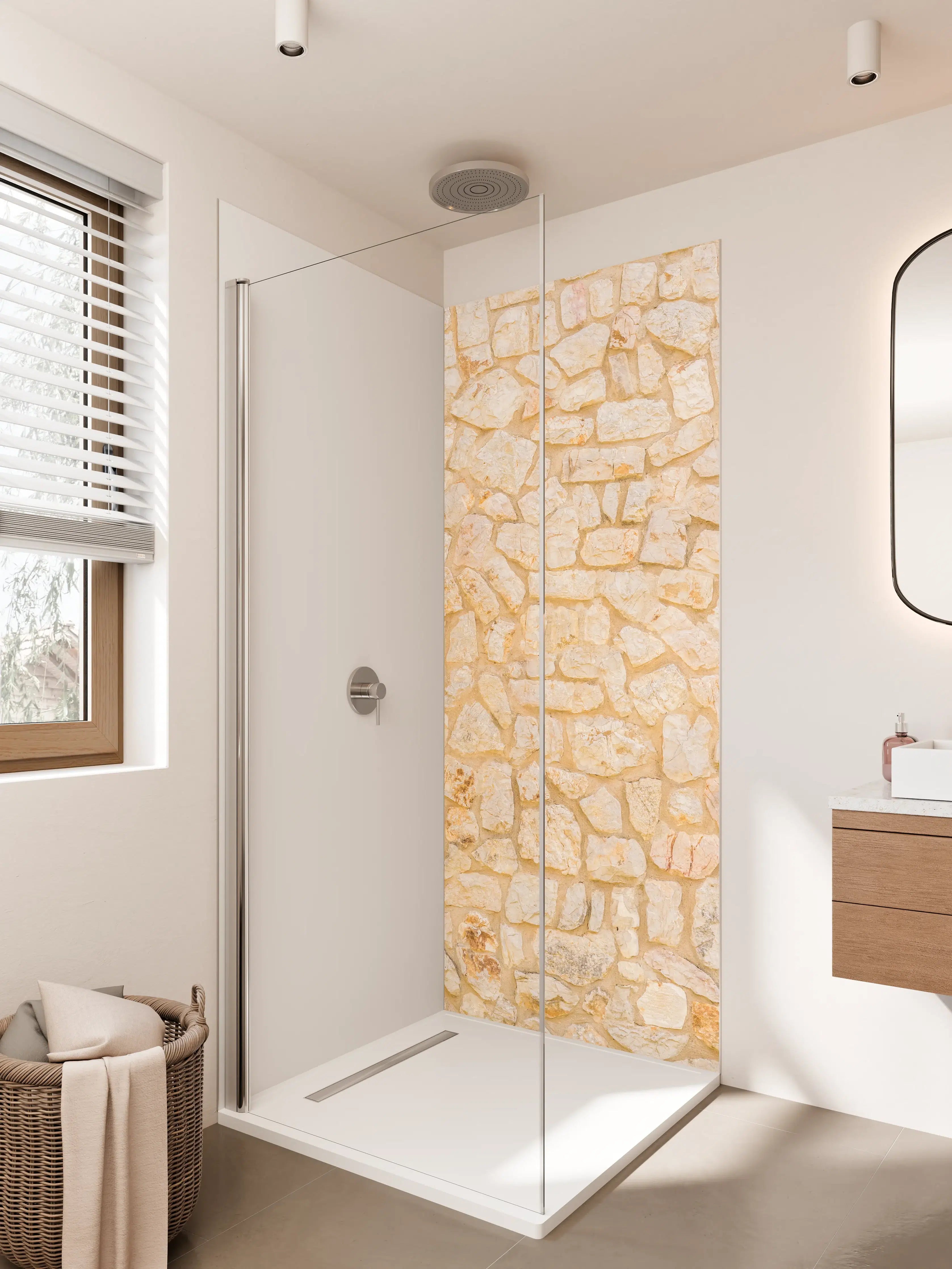 Duschrückwand - Warmes Sandstein-Mauerwerk in Beige