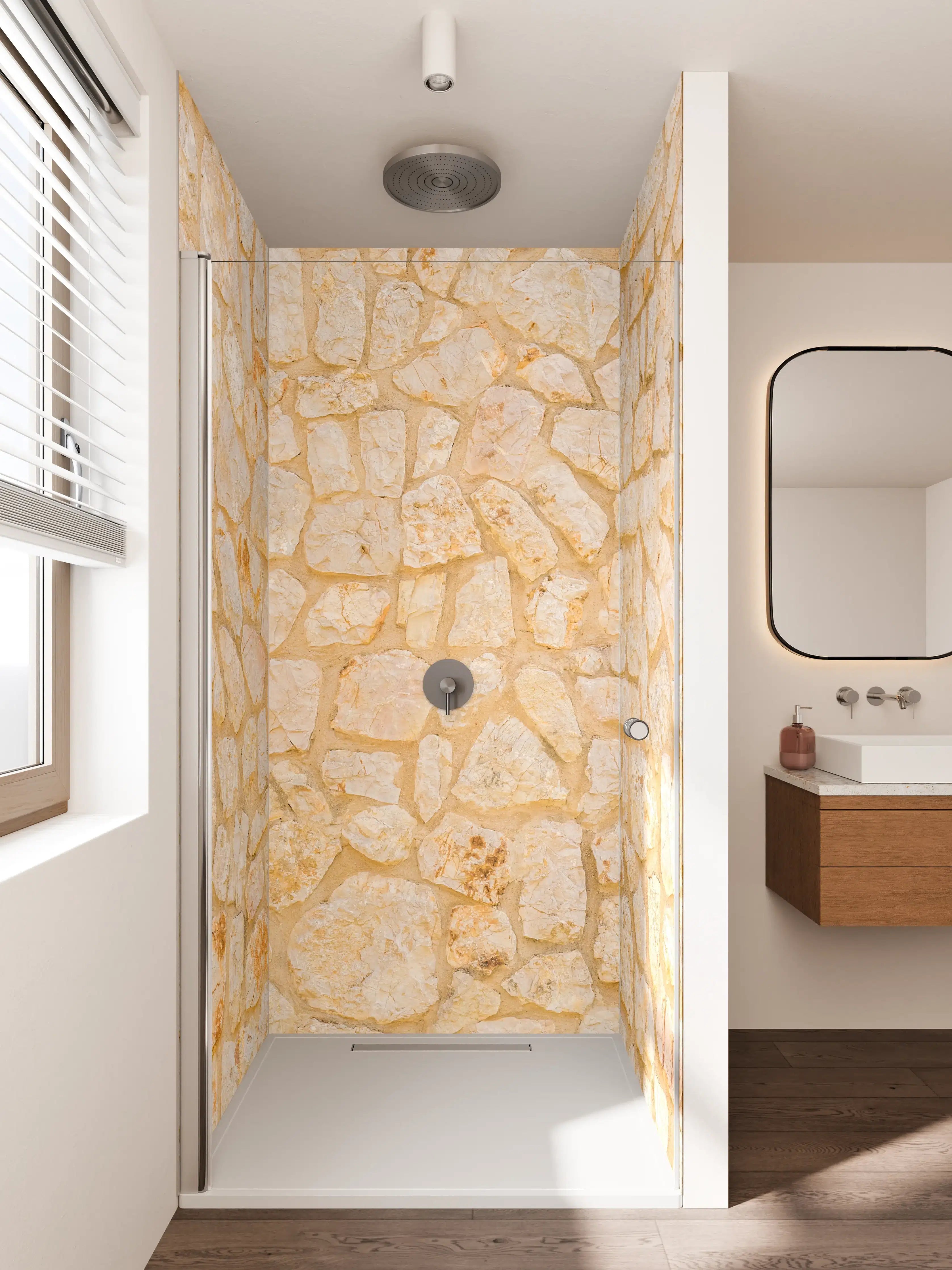 Duschrückwand - Warmes Sandstein-Mauerwerk in Beige