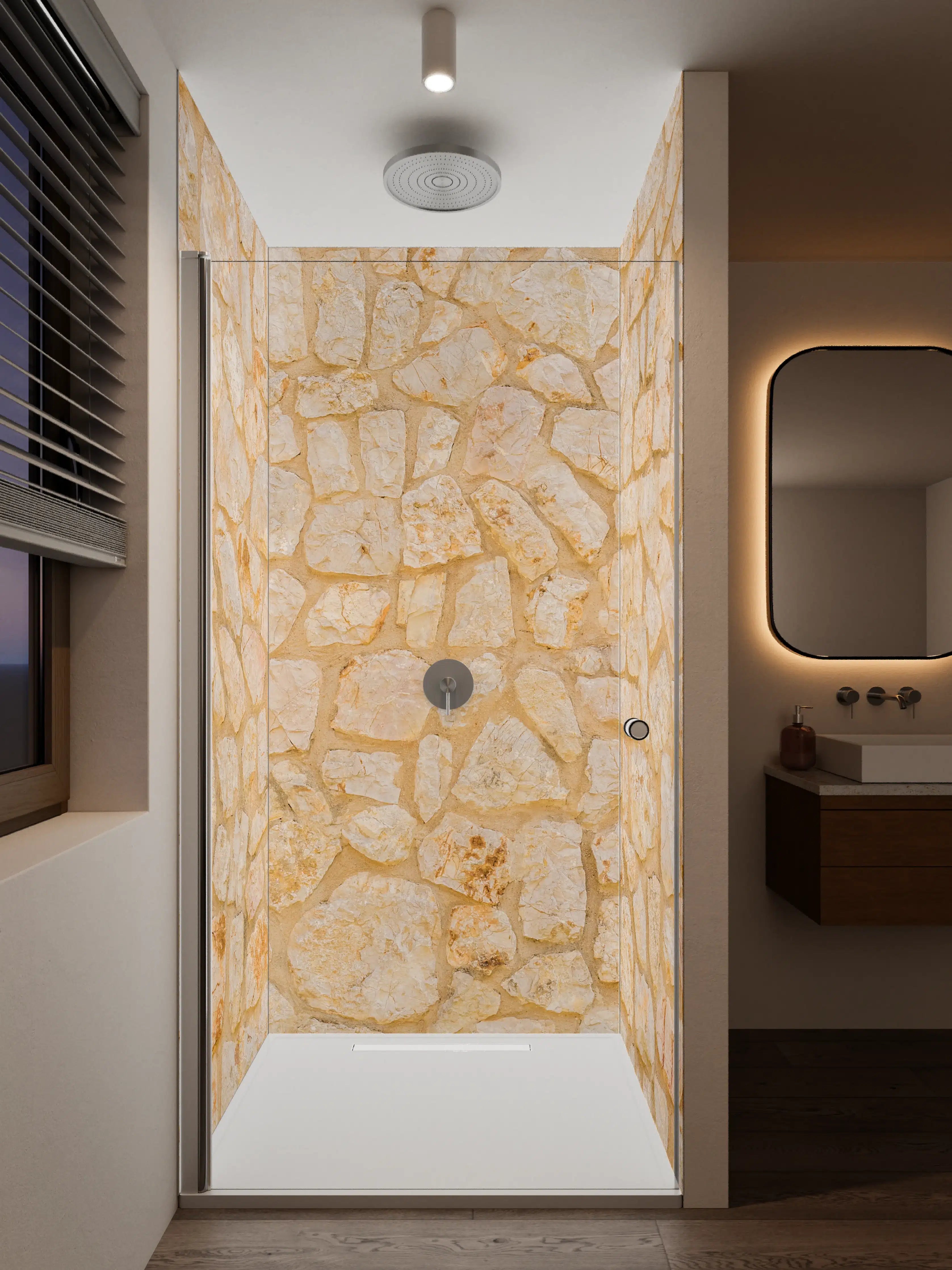 Duschrückwand - Warmes Sandstein-Mauerwerk in Beige