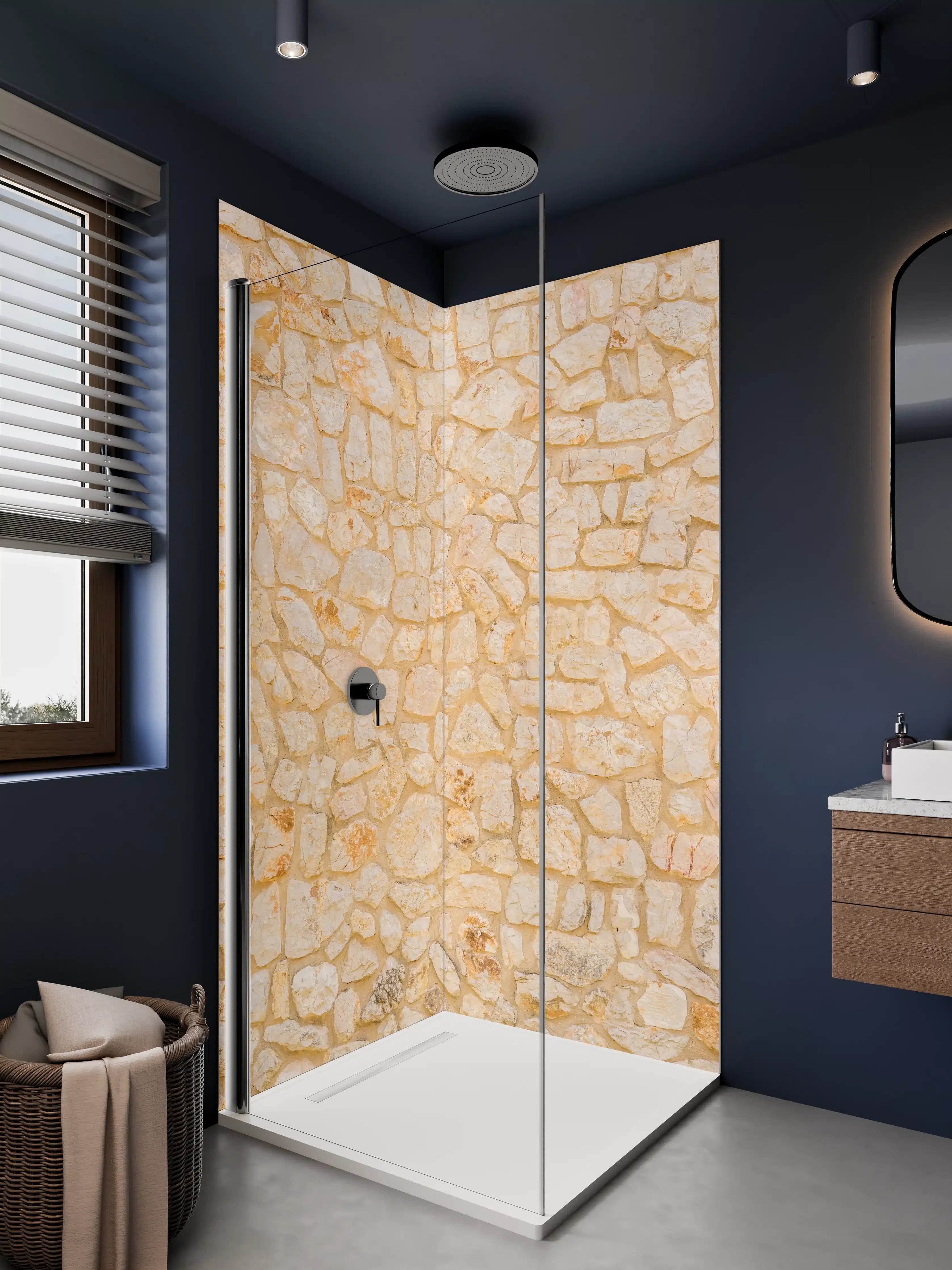 Duschrückwand - Warmes Sandstein-Mauerwerk in Beige