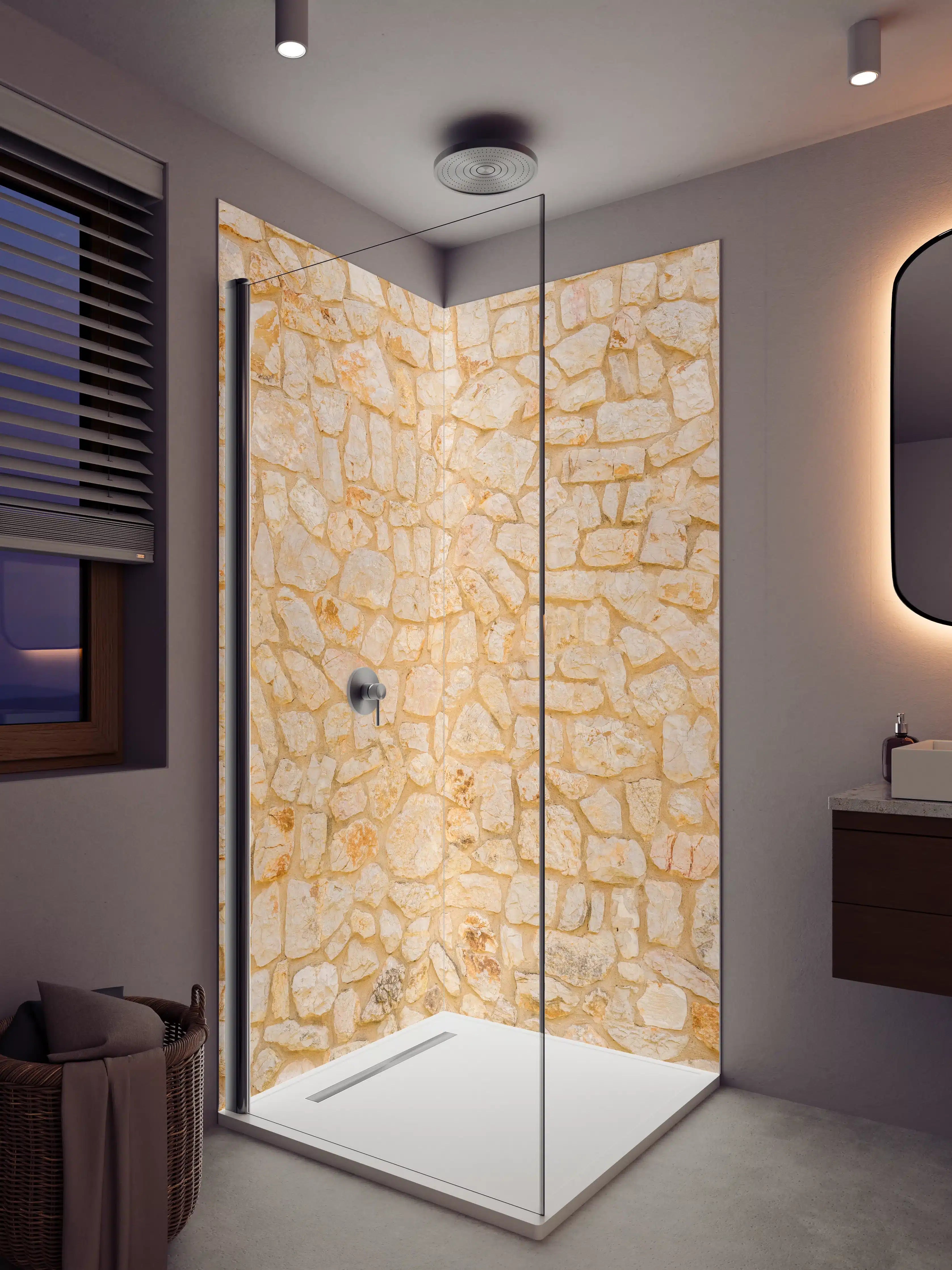 Duschrückwand - Warmes Sandstein-Mauerwerk in Beige