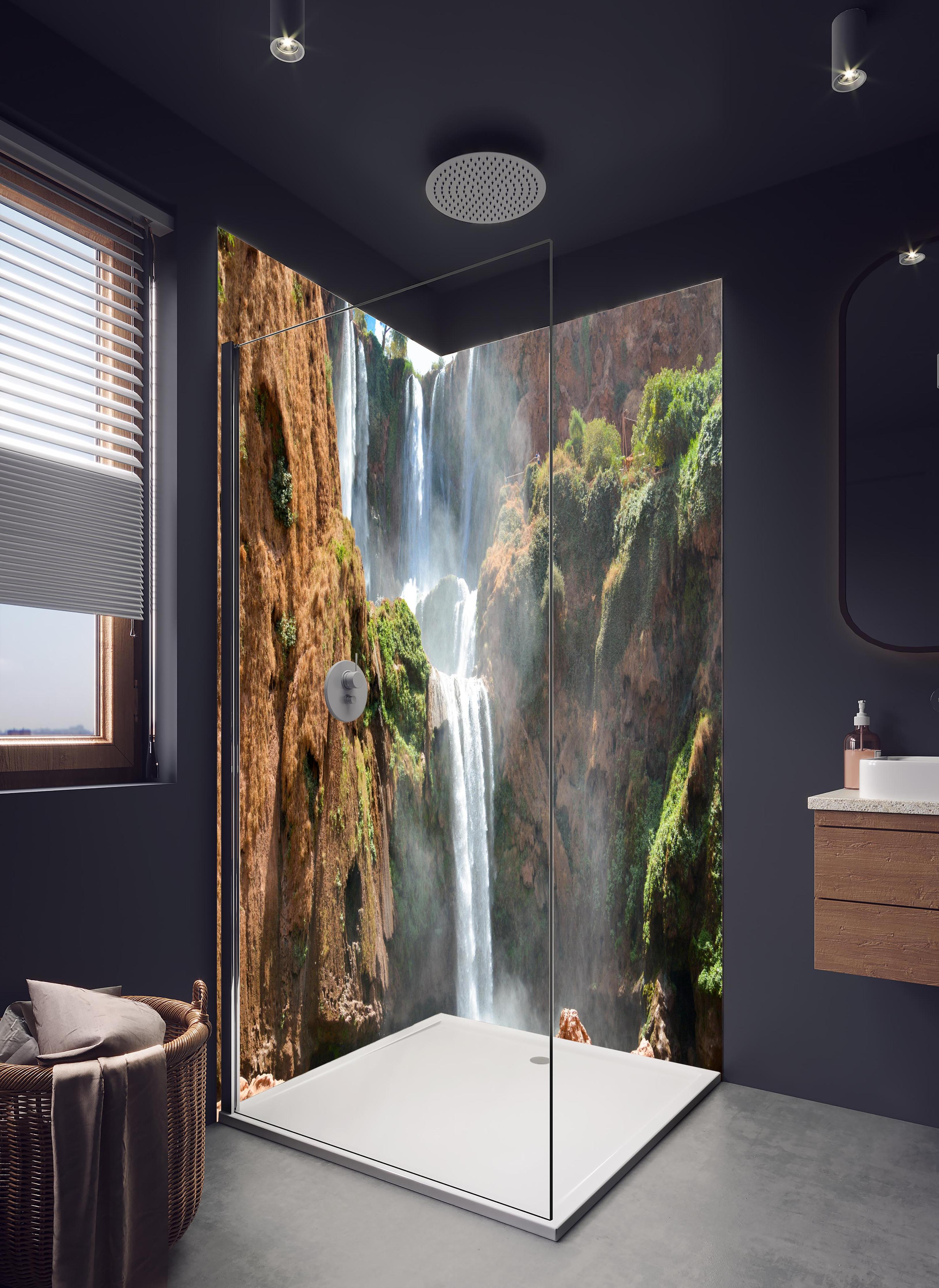 Duschrückwand - Wasserfälle von Ouzoud in hellem Badezimmer mit Regenduschkopf - zweiteilige Eck-Duschrückwand
