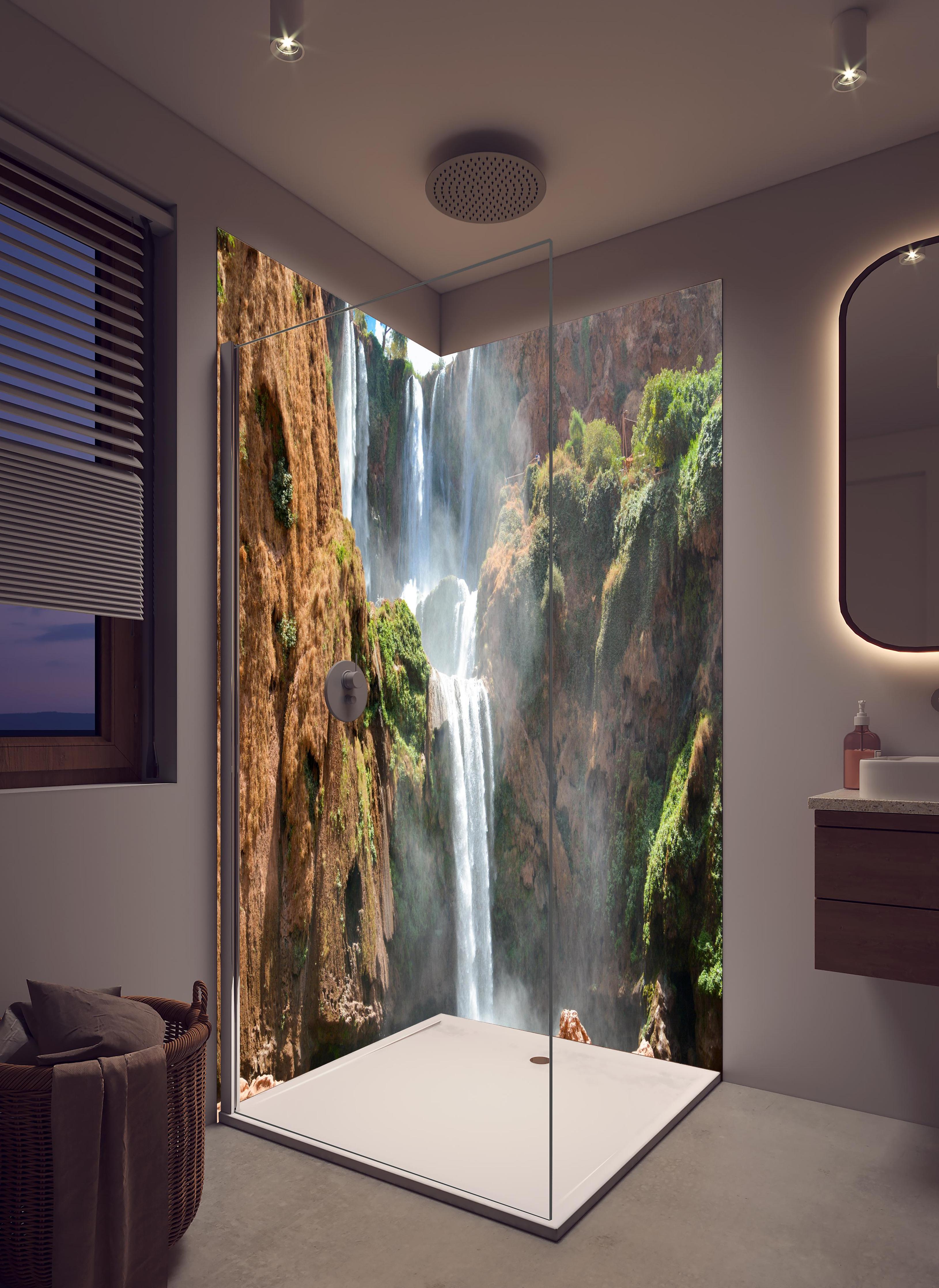 Duschrückwand - Wasserfälle von Ouzoud in hellem Badezimmer mit Regenduschkopf - zweiteilige Eck-Duschrückwand
