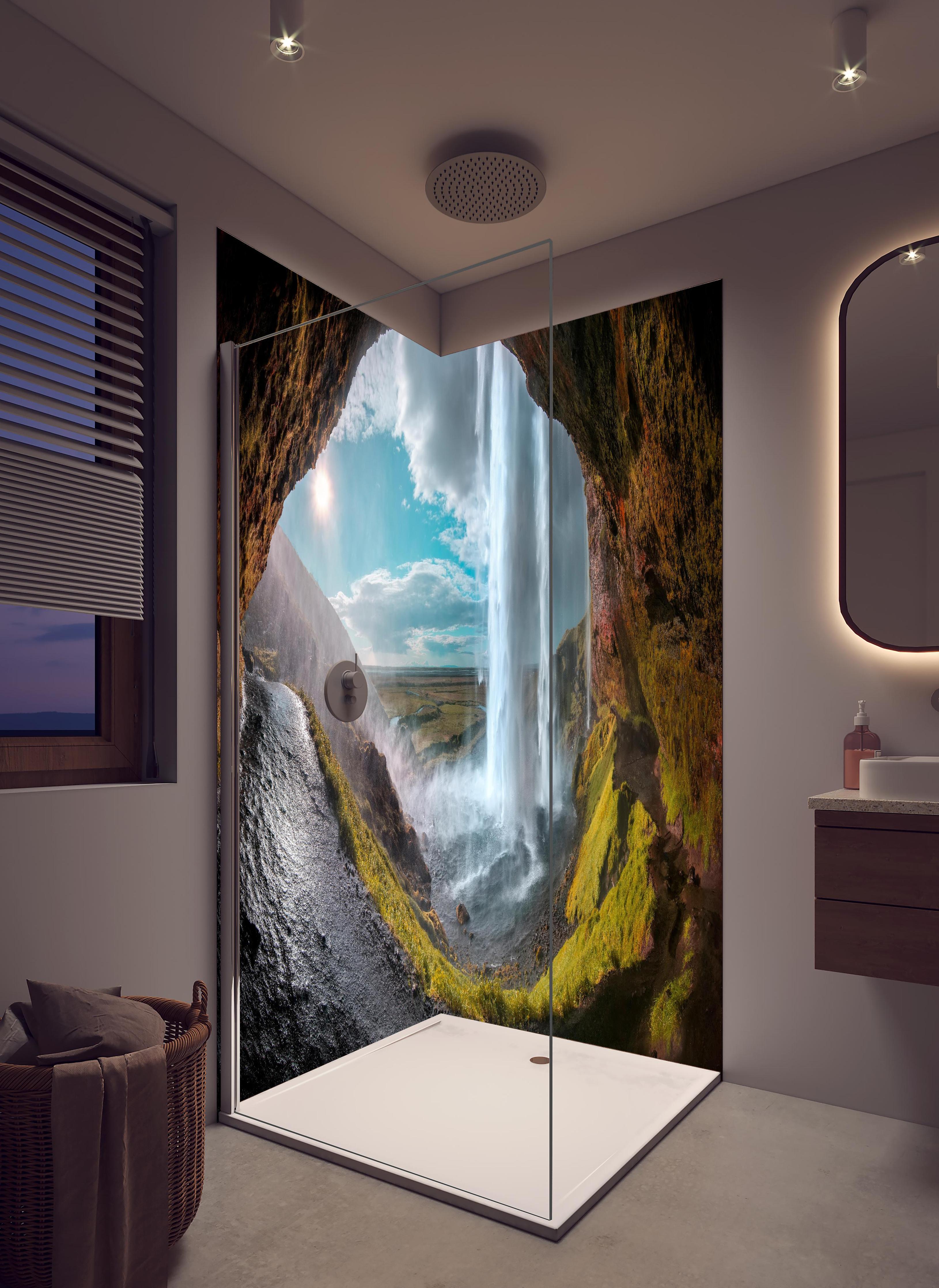 Duschrückwand - Wasserfall durch Bergtunnel in hellem Badezimmer mit Regenduschkopf - zweiteilige Eck-Duschrückwand