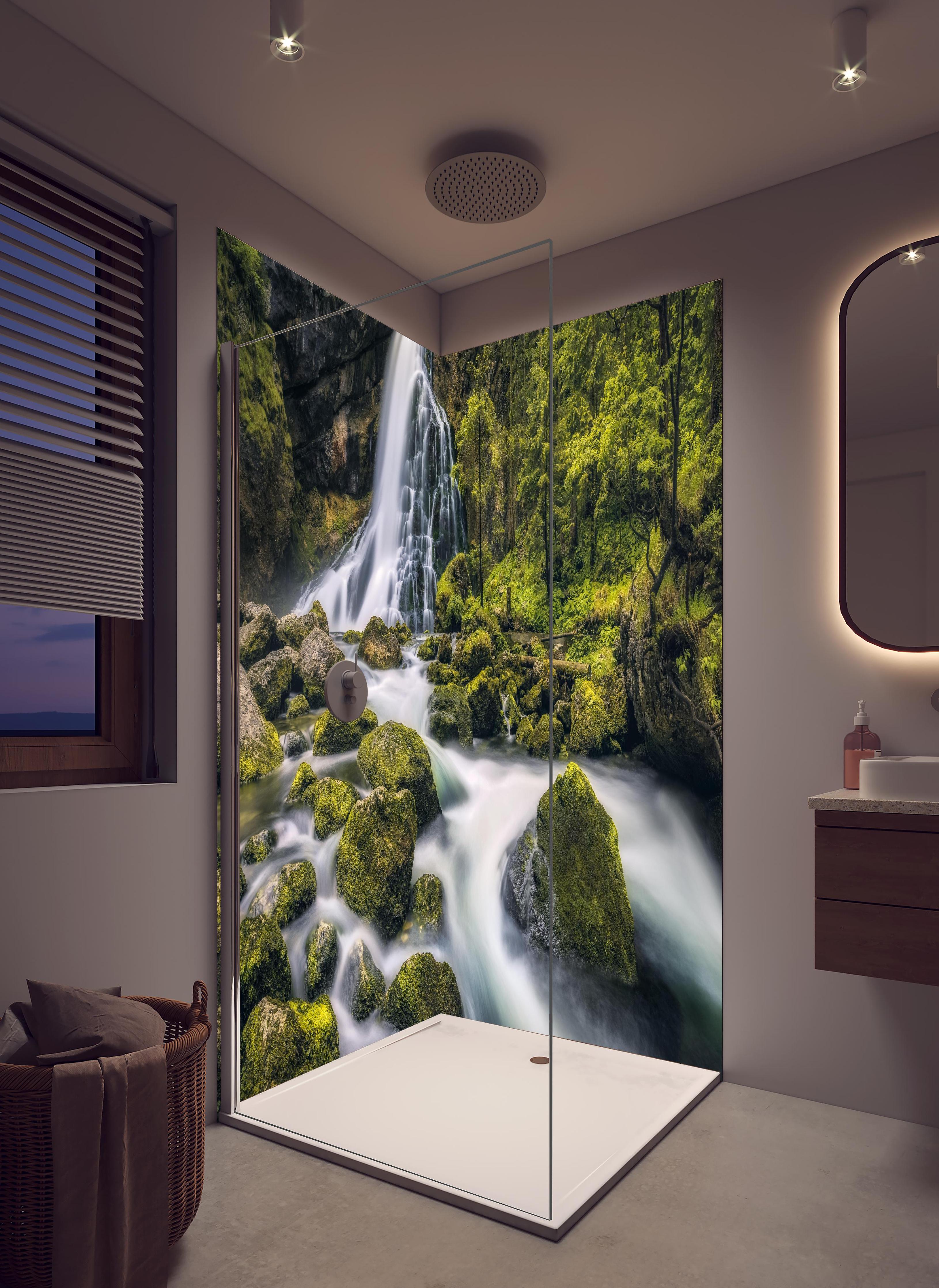 Duschrückwand - Wasserfall in Golling, Salzburg in hellem Badezimmer mit Regenduschkopf - zweiteilige Eck-Duschrückwand