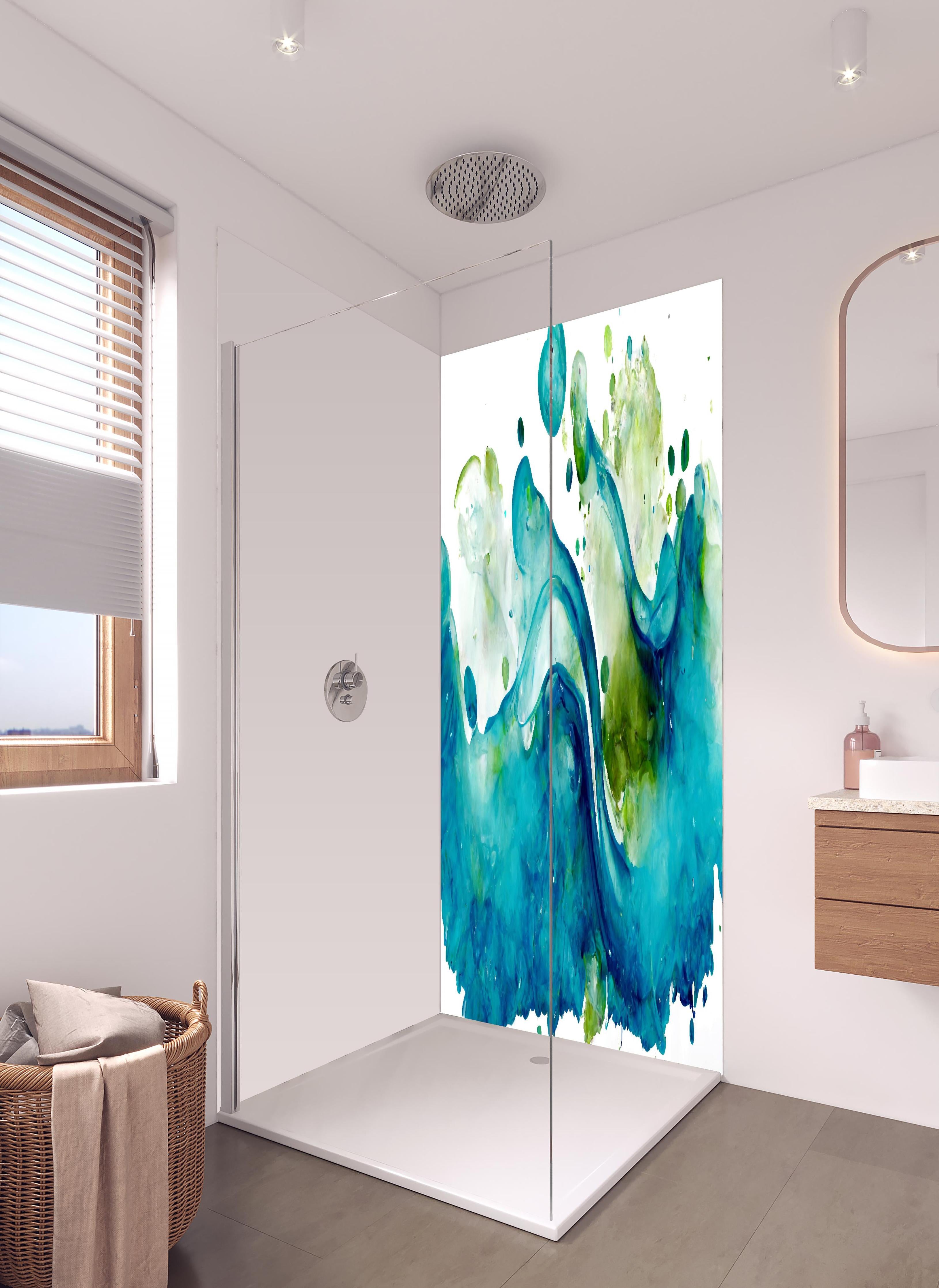Duschrückwand - Wassertropfen - Kunstmalerei in hellem Badezimmer mit Regenduschkopf - zweiteilige Eck-Duschrückwand