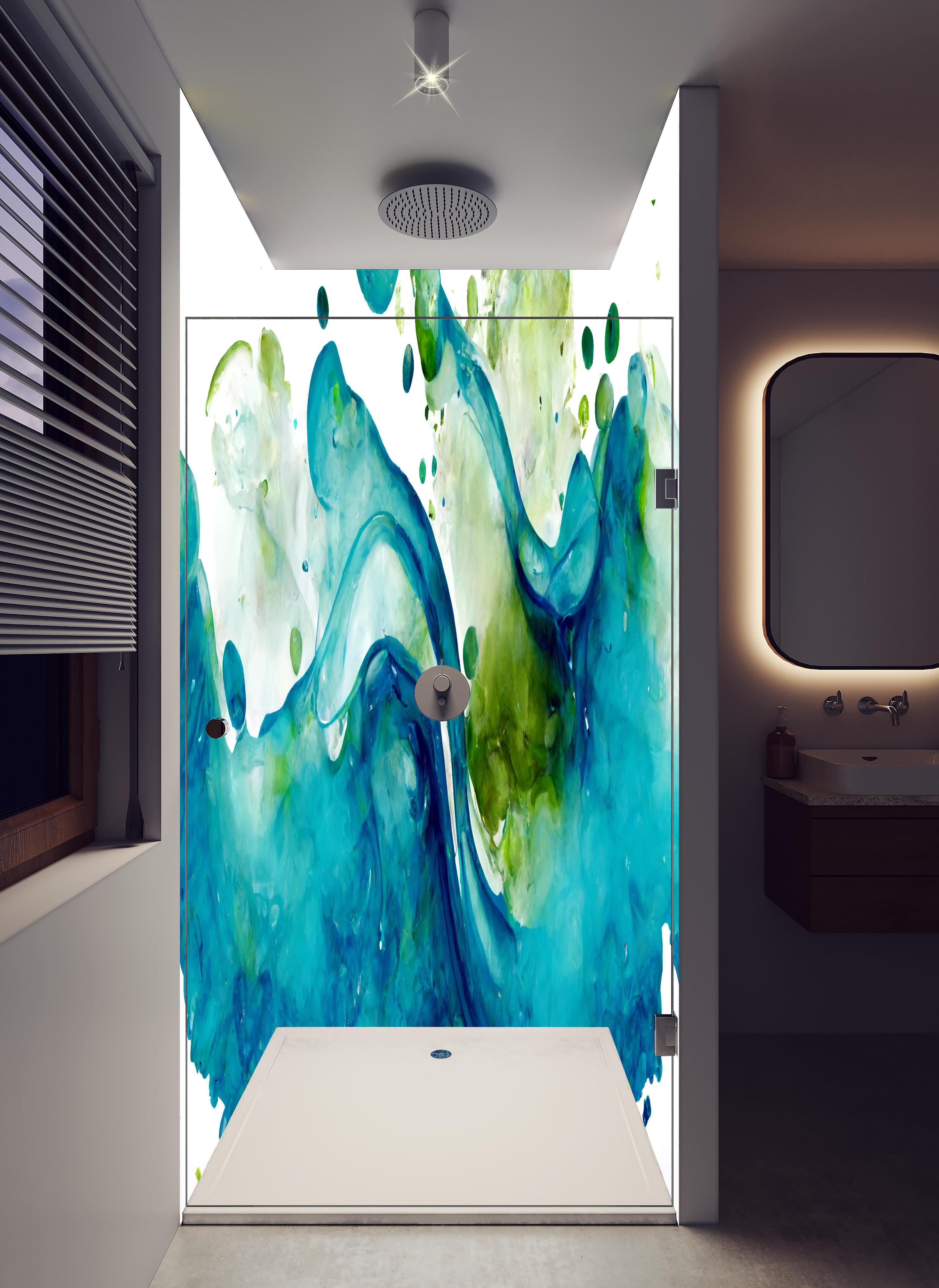 Duschrückwand - Wassertropfen - Kunstmalerei in hellem Badezimmer mit Regenduschkopf - zweiteilige Eck-Duschrückwand